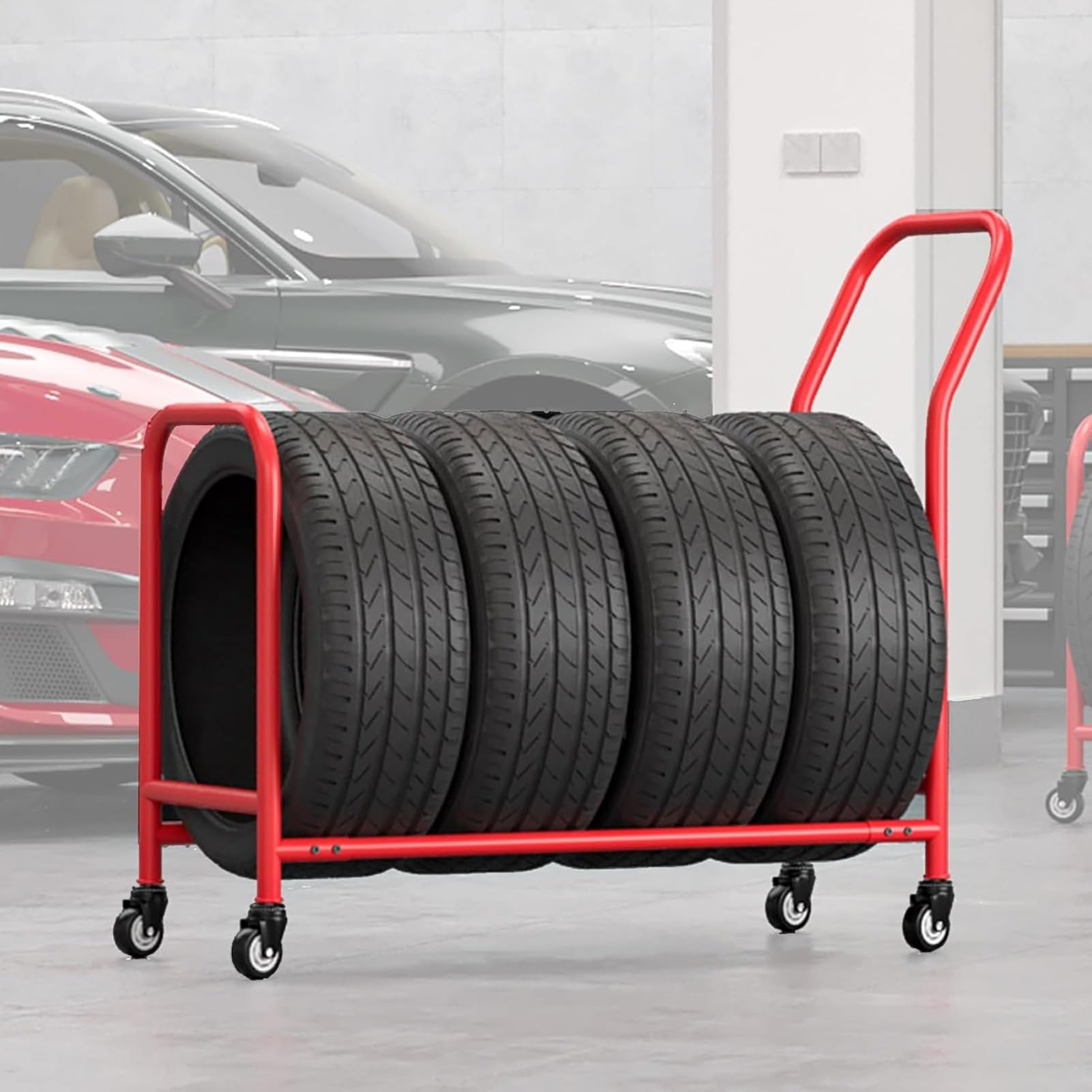 XingLi Garage Tire Rack with Wheels ? Handle, Large Rolling Tire Storage Rack Holder, Heavy Duty Tyre Organizer Stand, Metal Movable Tire Rim Stand, Wheel Display Rack For Rims Can Rotating
