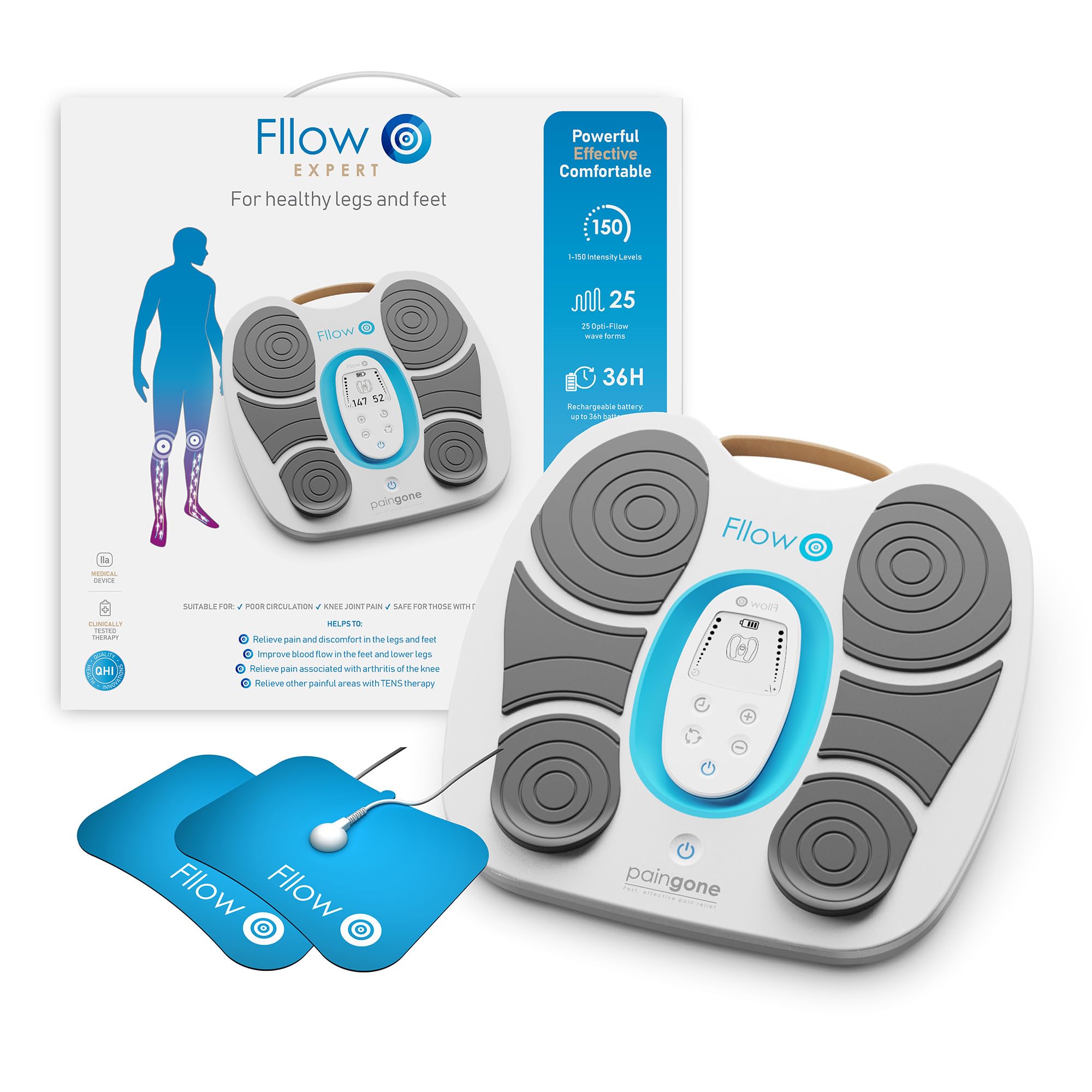 Fllow EMS-Tens Fußmassagegerät - Smarte Impulstherapie mit Elektrostimulation zur Durchblutungsförderung - 150 Stufen - kabellos - mit Arthro-Pads