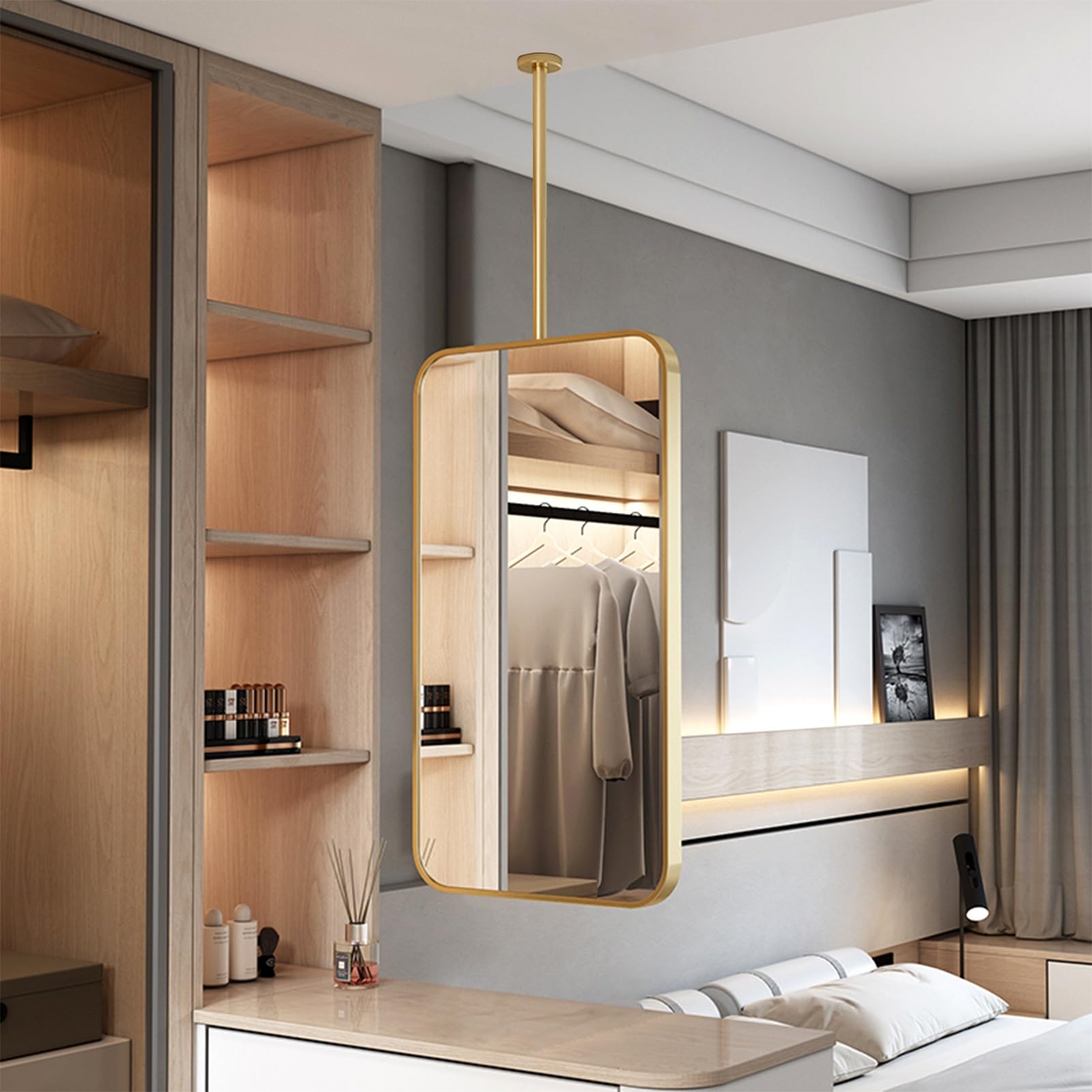 FGXHHS Ceiling Mounted Mirror with Metal Hanging Rod, Wall Rectangular Decorative Vanity Makeup Mirrors for Bathroom Bedroom Living Room Cloakroom, Gold(40cmx70cm)