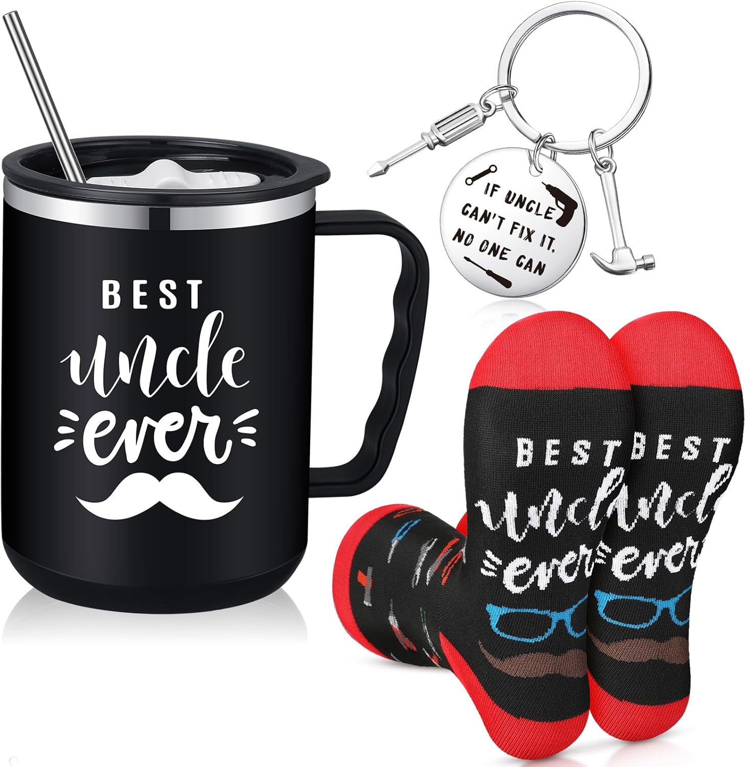 EBOOT 3 Pieces Uncle Gifts Set for Christmas Men Tumbler Set Uncle 20oz Travel Tumbler with Straws Funny Novelty Socks with Matching Keychain for Anniversary Birthday Presents