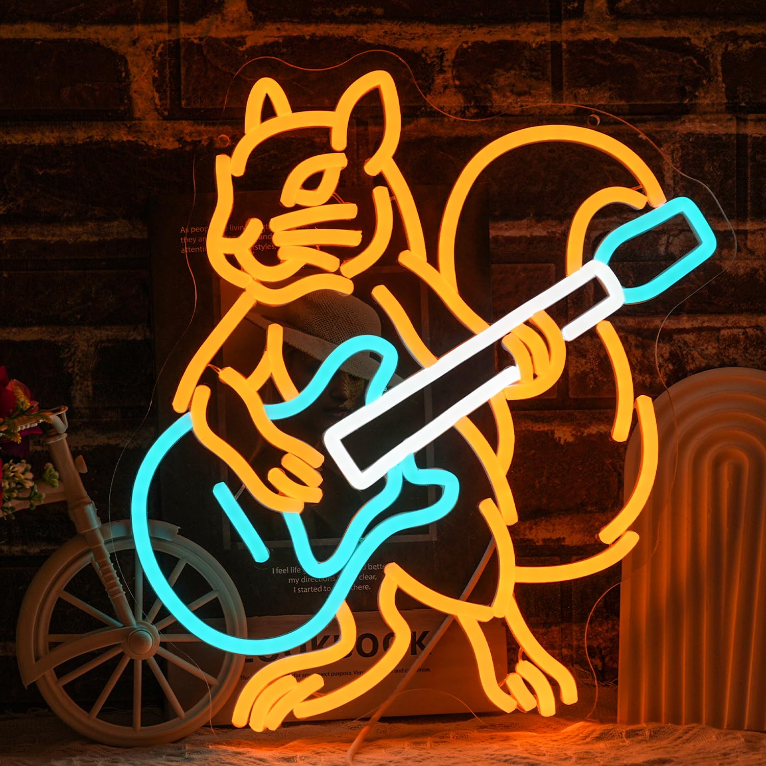 Insegna al neon a forma di chitarra con scoiattolo per decorazione da parete, birreria, chitarra, luce al neon, alimentata tramite USB, con musica a LED, per bar, musica dal vivo, grotta, casa, feste