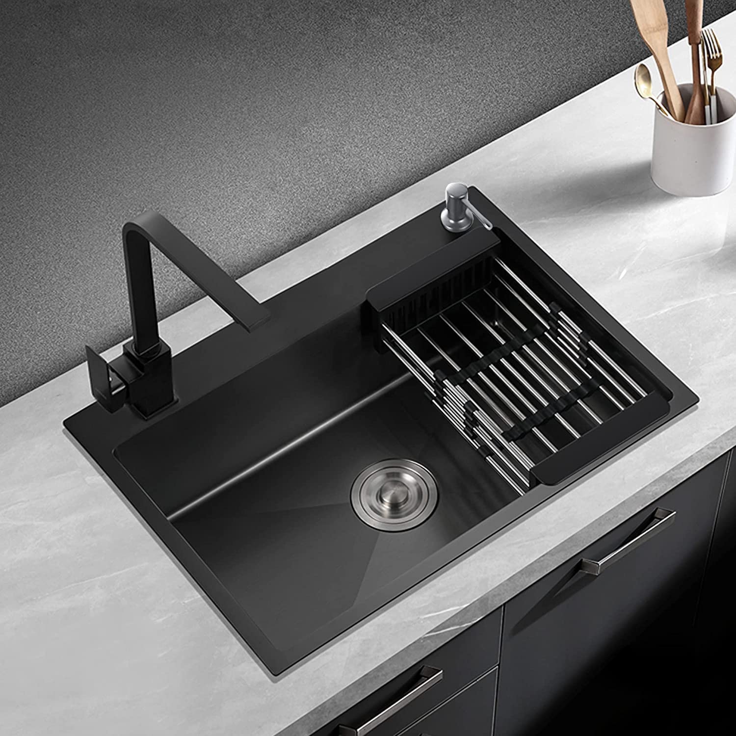 Black Kitchen Sink Stainless Steel 19.7 x 15.7 Inch Single Bowl Drop In Kitchen Sink With Gift: Stainless Steel Bottom Grid, Faucet Sprayer, Drain Strainer Set for Modern Kitchen Sink