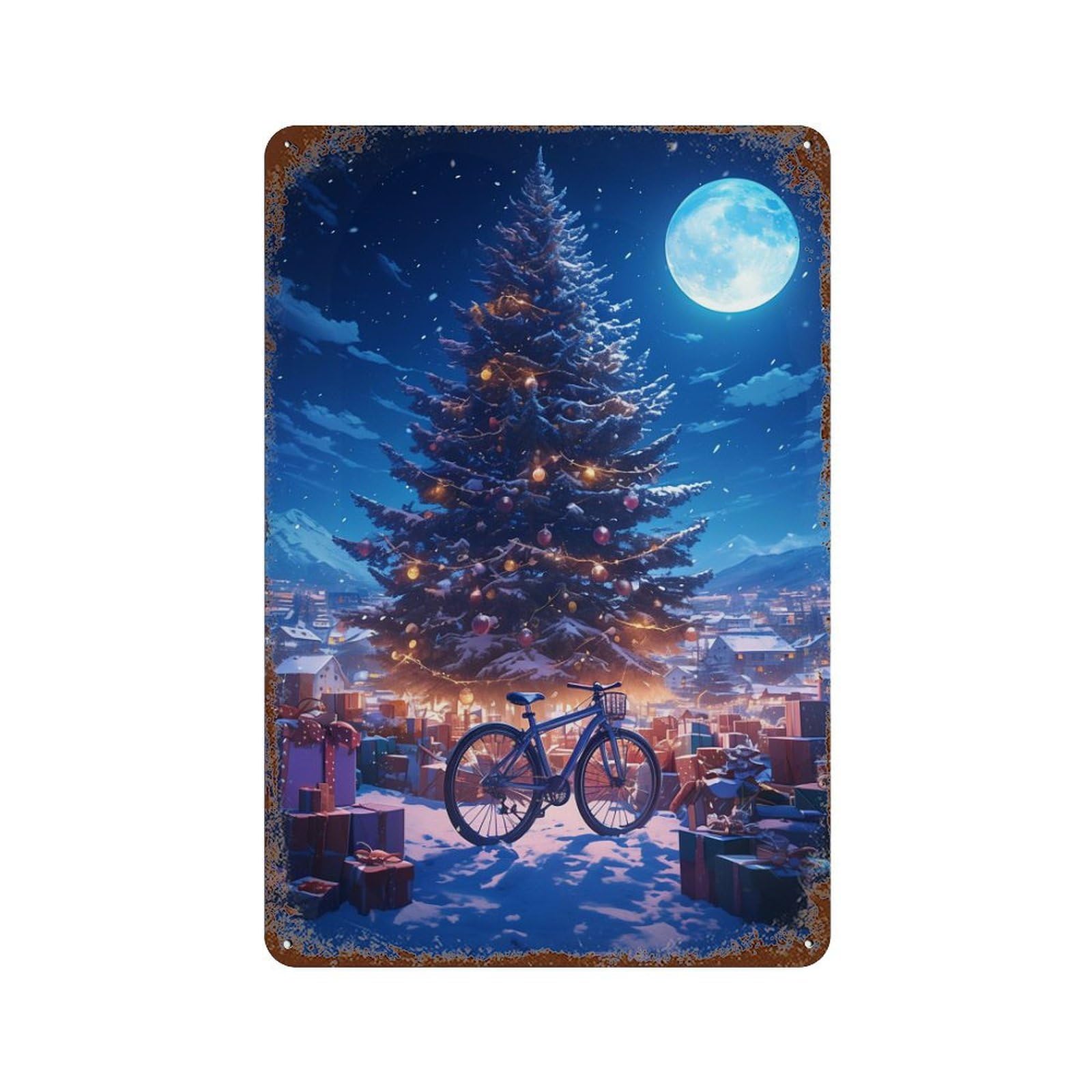 Christmas Night Moonlight Scene Decorative Tin Sign 11.8"x7.9", Farmhouse Wall Decor for Garage, Bar And Workshop Decor