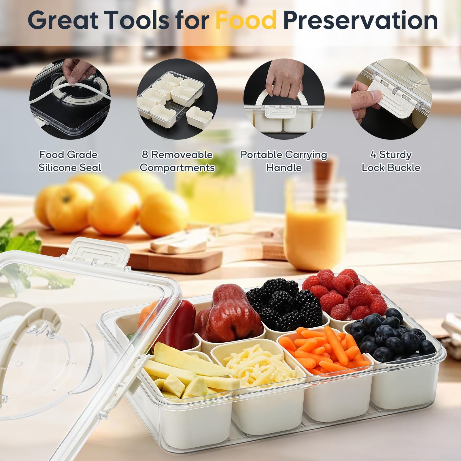BigKing Vassoio Porta Snack Divisorio Con Coperchio E Manico – 4 Scomparti, Organizer Trasparente Per Spezie, Caramelle E Frutta Secca, 21x14x6.5 Cm - 2