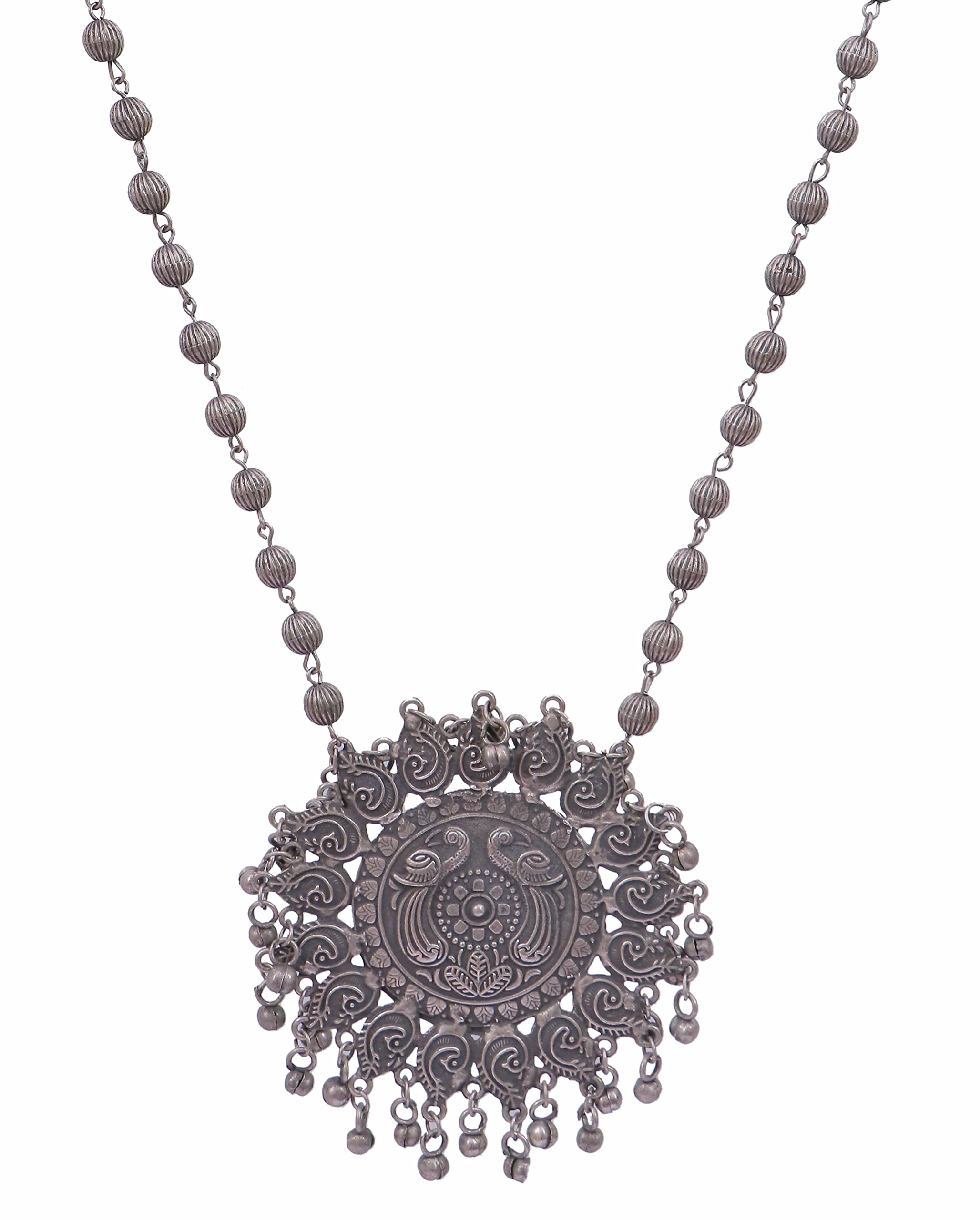 Jewel IndiaIndian Antique Designer Handmade Silver Oxidized Mirror Ghungroo Bells Tribal Gypsy Statement Long Sweater Necklace Jewelry Women Girls