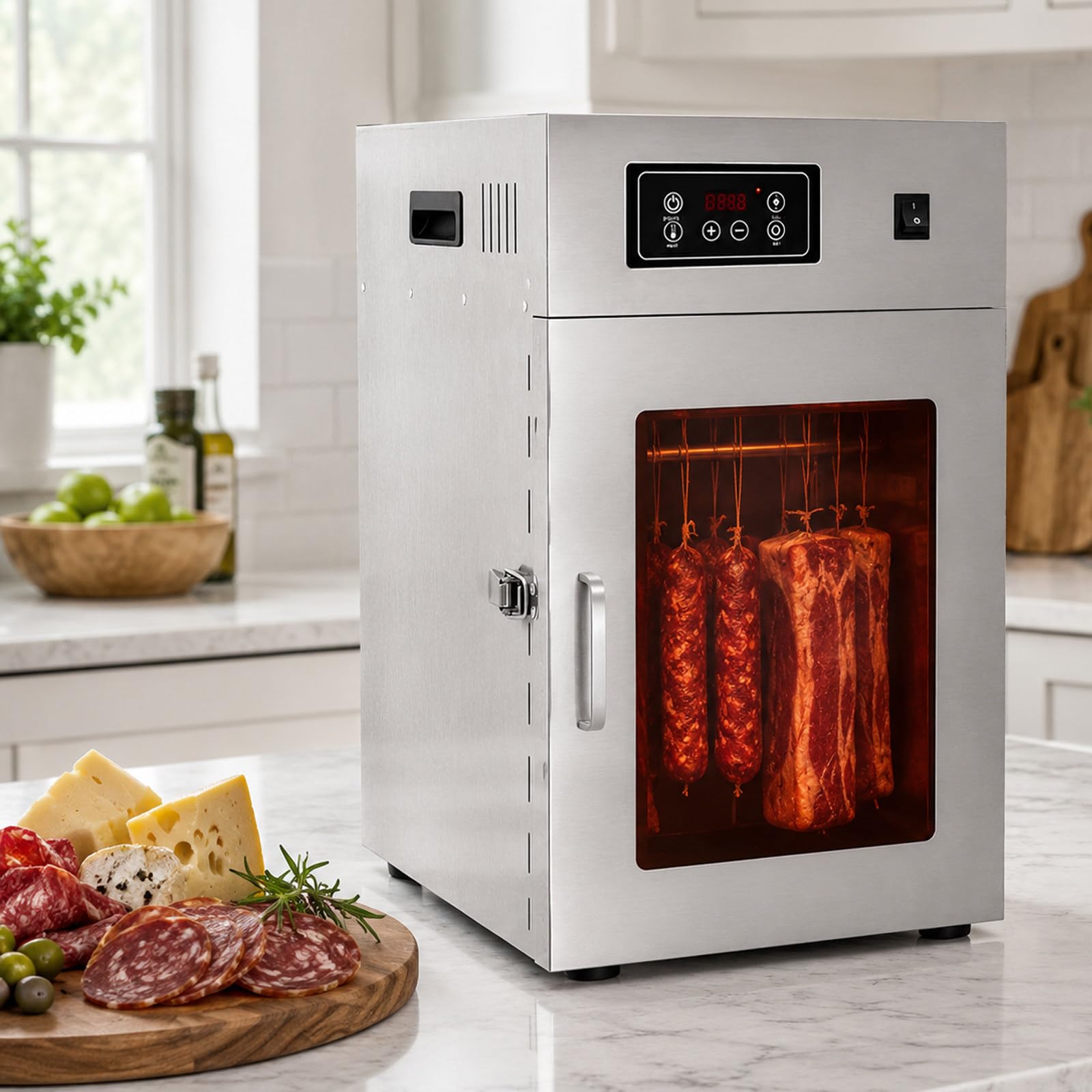 Dry AGER Reifeschrank 800W, Edelstahl Dörrautomat mit 14 Haken, 30-90℃ Temperaturregelung, 24h Timer, 7,5 kg Trockenschrank für Fleisch, Beef Jerky, Speck, Fisch und Geflügel