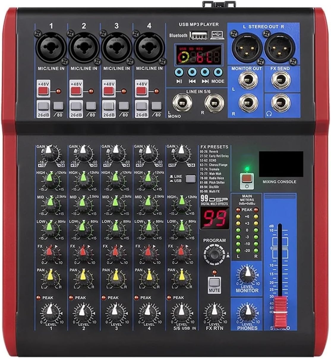 Dj Controller, 99Dsp Mixer Dj Console - 2 Mic/Line Inputs Mp3/Usb I/O Eq & Delay Effects 20Hz-30Khz-6 Channels