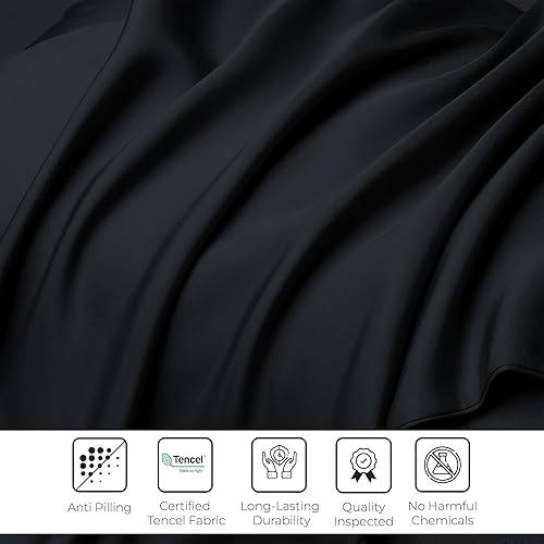 Miniatura 6 de LINENWALAS Sábana bajera ajustable tamaño King, 100% seda de eucalipto y lyocell, sábana bajera ajustable Tencel, suave y refrescante (negro
