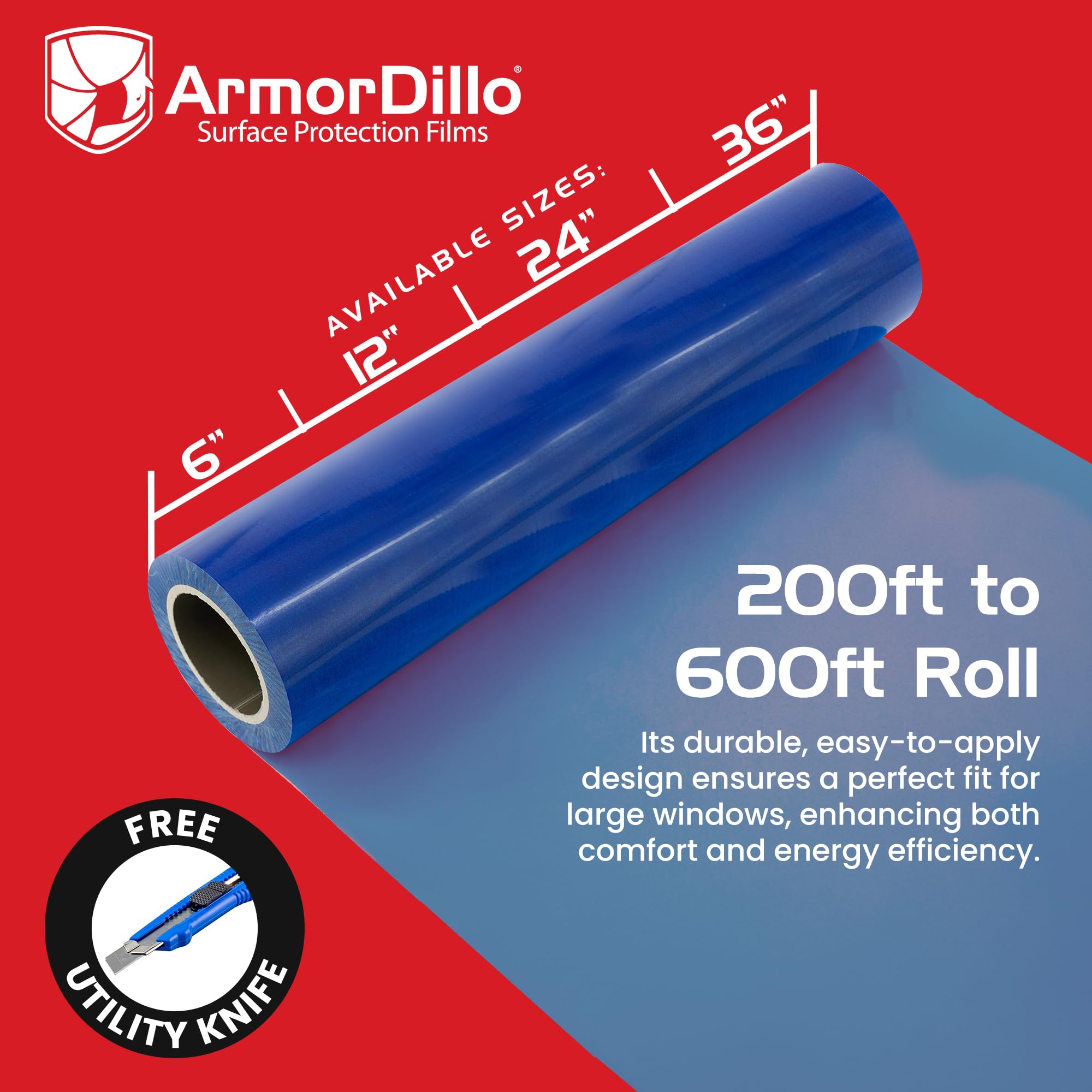 ArmorDillo 5 rollos (1 funda, 29.96/rollo) 24 pulgadas x 200 pies película protectora azul para ventana de vidrio con cuchillo de uso gratis, película adhesiva para protector de ventana, película de