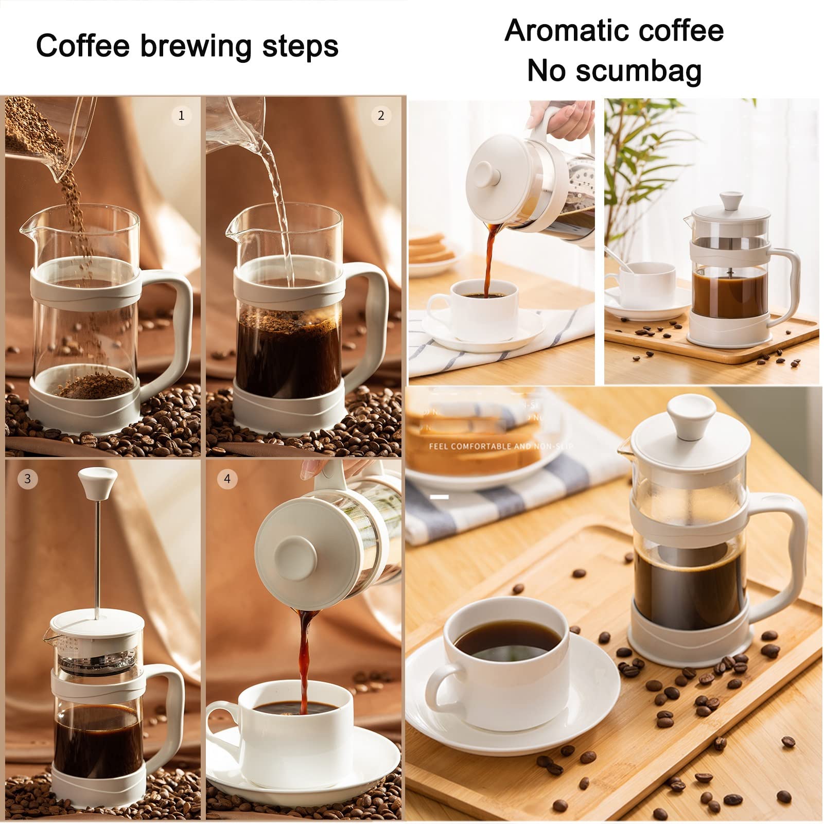 Cafetera Émbolo, Cafetera De Piston De Vidrio De Borosilicato Espesado Resistente Al Calor Con Sistema Filtración De 3 Niveles, Recipiente Extraíble Para Una Fácil Limpieza, Apta Para Camping, Prensa