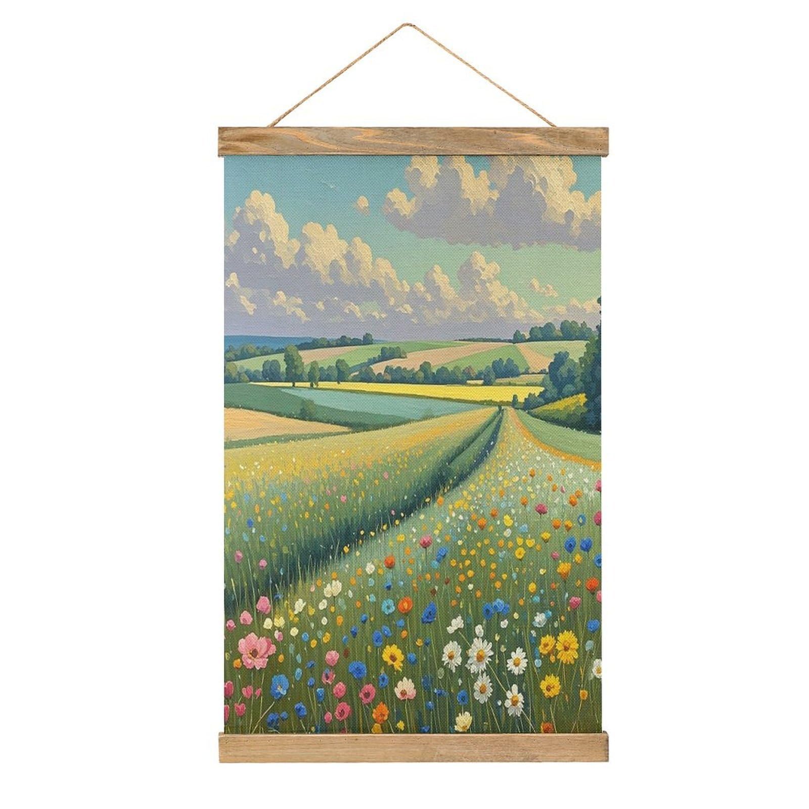 VstaDank Wildflower Field Hanging Poster with Wooden Frame Modern Linen Hanging Painting Retro Style Wall Decor Art Painting for Living Room,Bedroom Decor Poster Frame 20.4x13.1inch