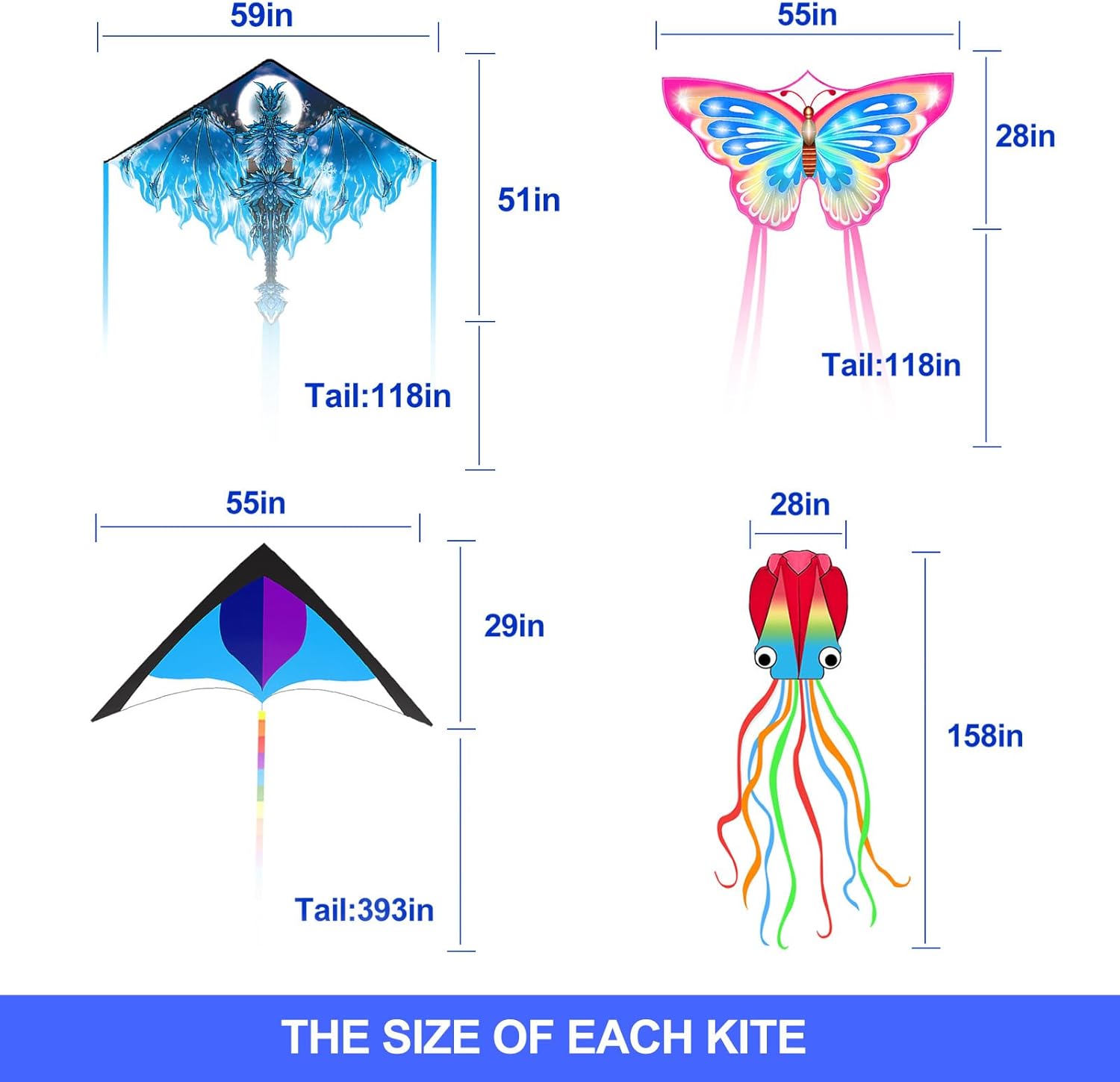 Mint's Colorful Life 4 Pack Kites for Kids and Adults, Easy to Fly Large Butterfly Delta Octopus Dragon Kite, Beach Kite with 300ft String, Best for Gifts & Family Outings