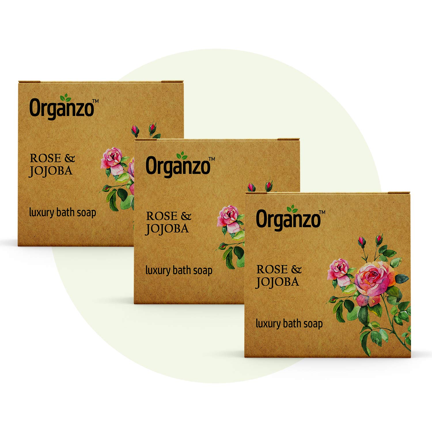 Organzo Rose and Jojoba Handmade Soaps (Pack of 3) - Natural Organic Chemical Paraben SLS Free Cold Pressed Luxury Soap bars each 100gm