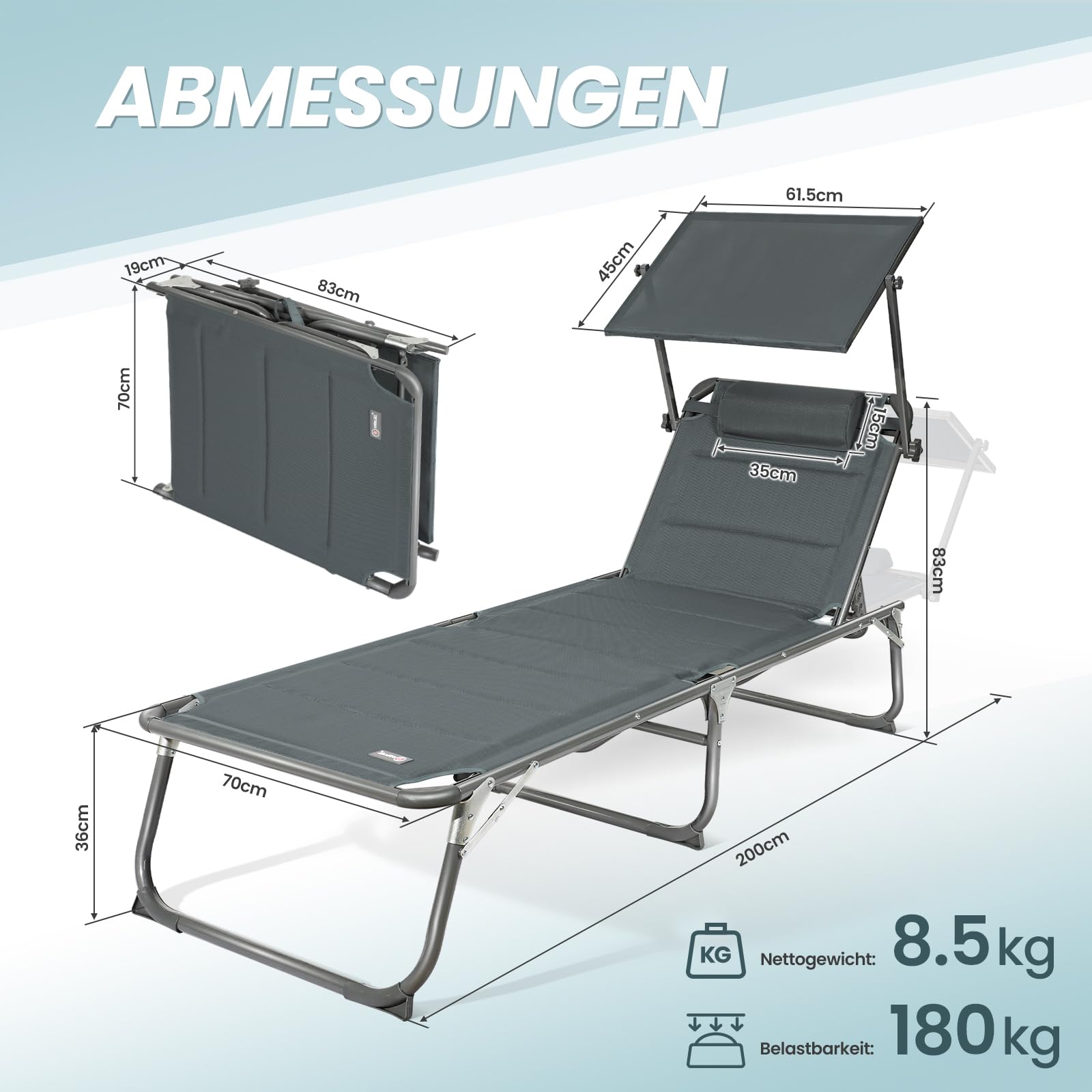 Homecall Sonnenliege Klappbar mit Dach, Kopfstütze, Gepolstert, 200x70 cm | 5-fach verstellbare Rückenlehne, Aluminiumgestell, wetterfest, faltbar, bis 180 kg belastbar, für Garten, Balkon, Terrasse