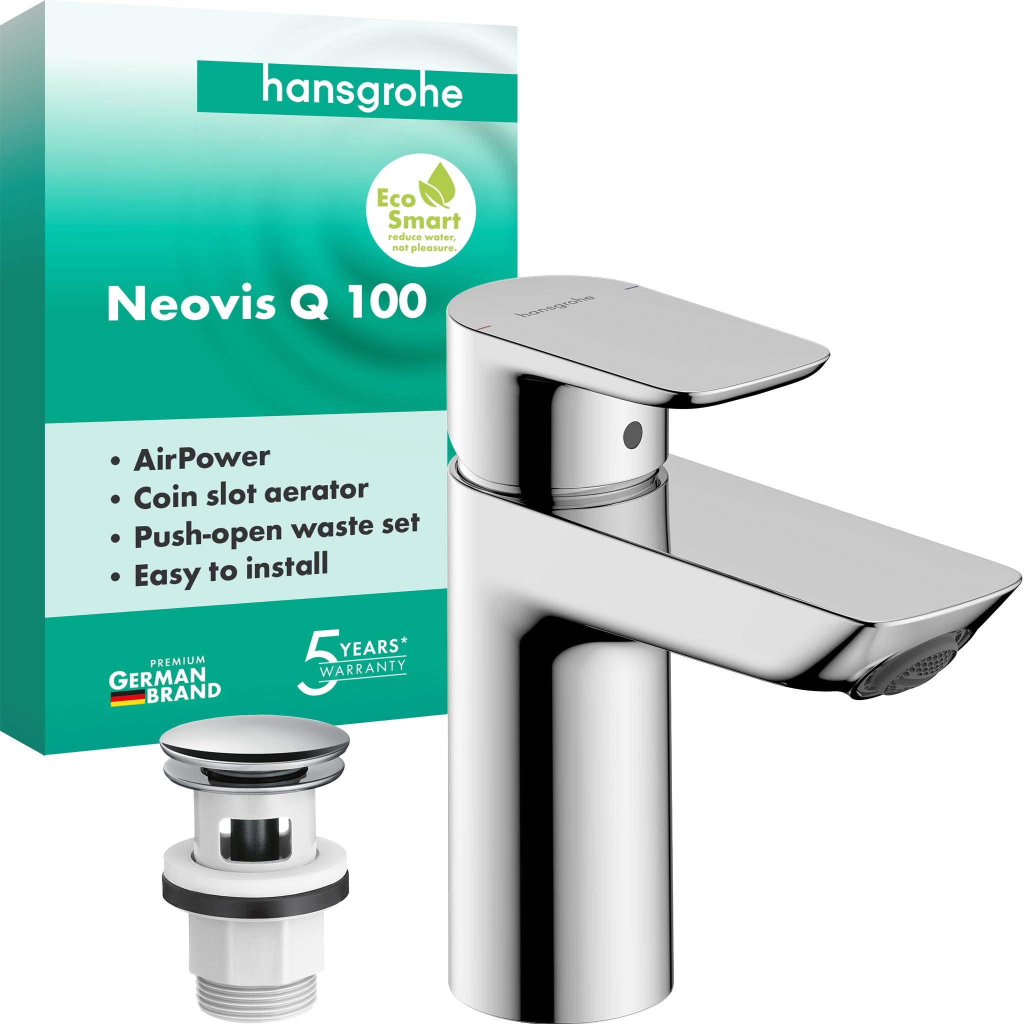 hansgrohe Neovis Q - grifo lavabo con vaciador Push-Open, grifo monomando lavabo, altura del caño 96 mm, cantidad de caudal 5 l/min (EcoSmart), cromo, 71348000