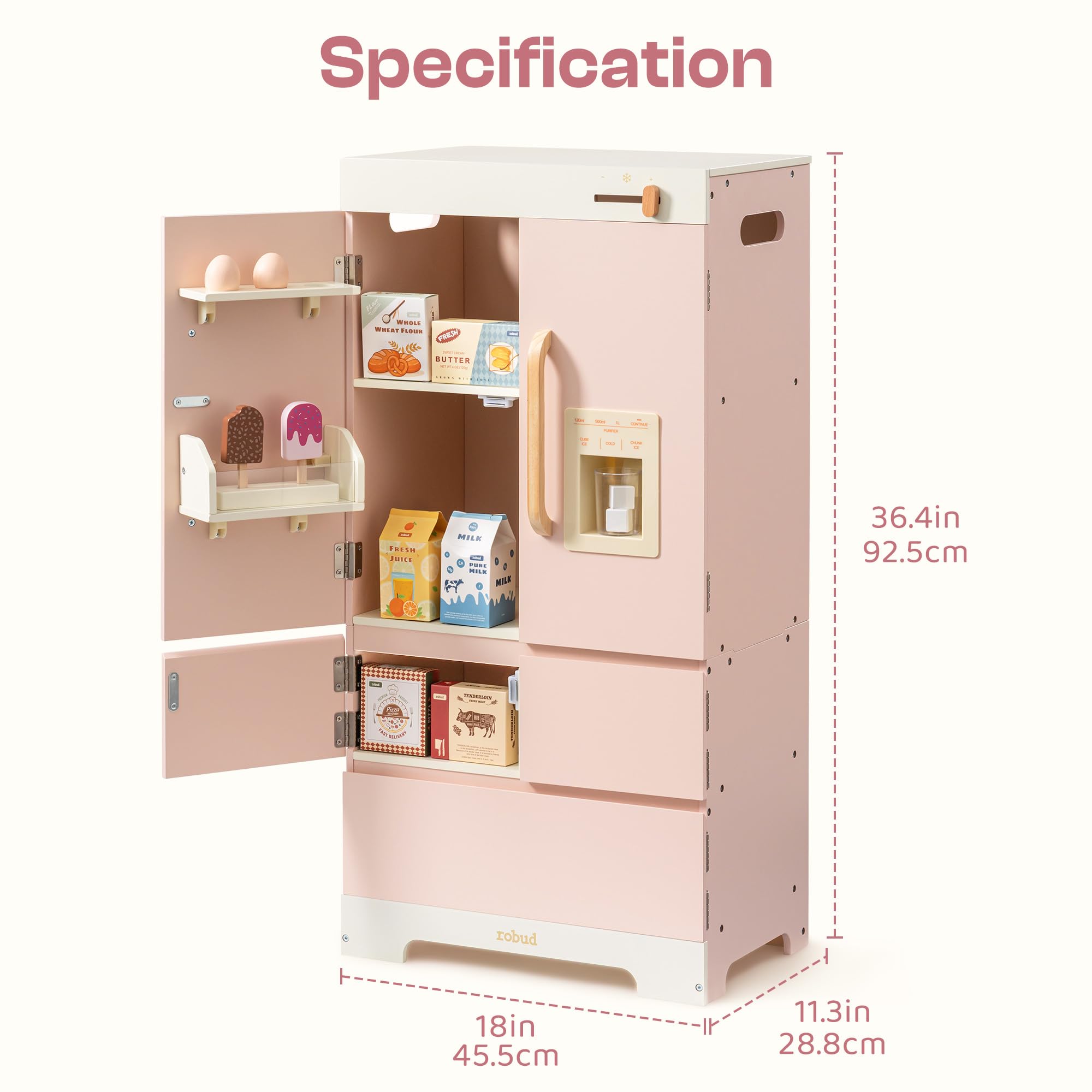 ROBUD Wooden Play Fridge, Kitchen Toy Fridge Freezer Set with Ice Maker, Play Kitchen Refrigerator, Kitchen Playset Gift for Kids & Toddlers, Age 3+ (Pink)