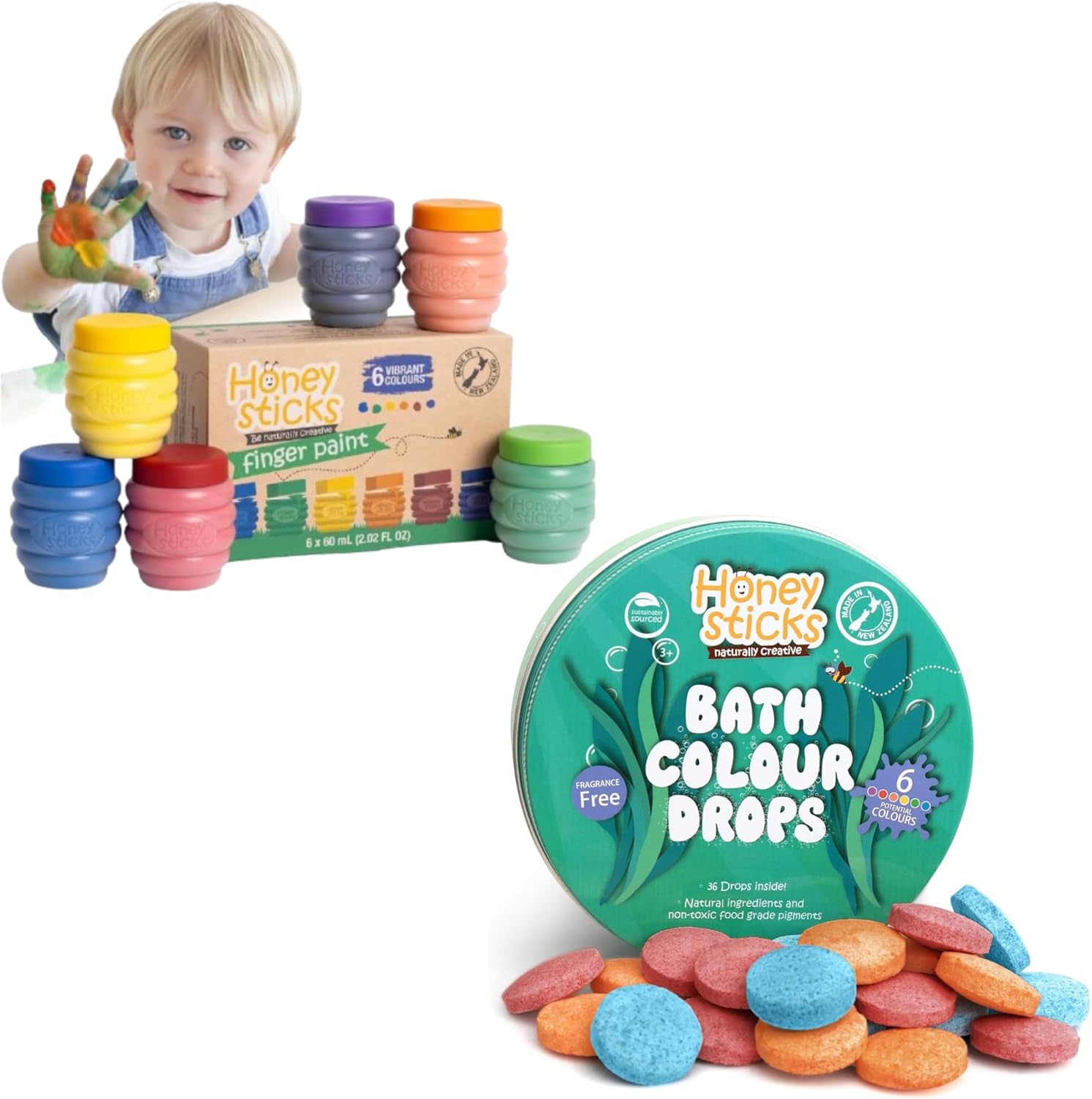 Honeysticks Non Toxic Finger Paint (6 Bright Colors) and Bath Color Drops (36 Drops), Perfect Gifting for Toddlers and Children, Non Toxic, Natural - Made with Care in New Zealand