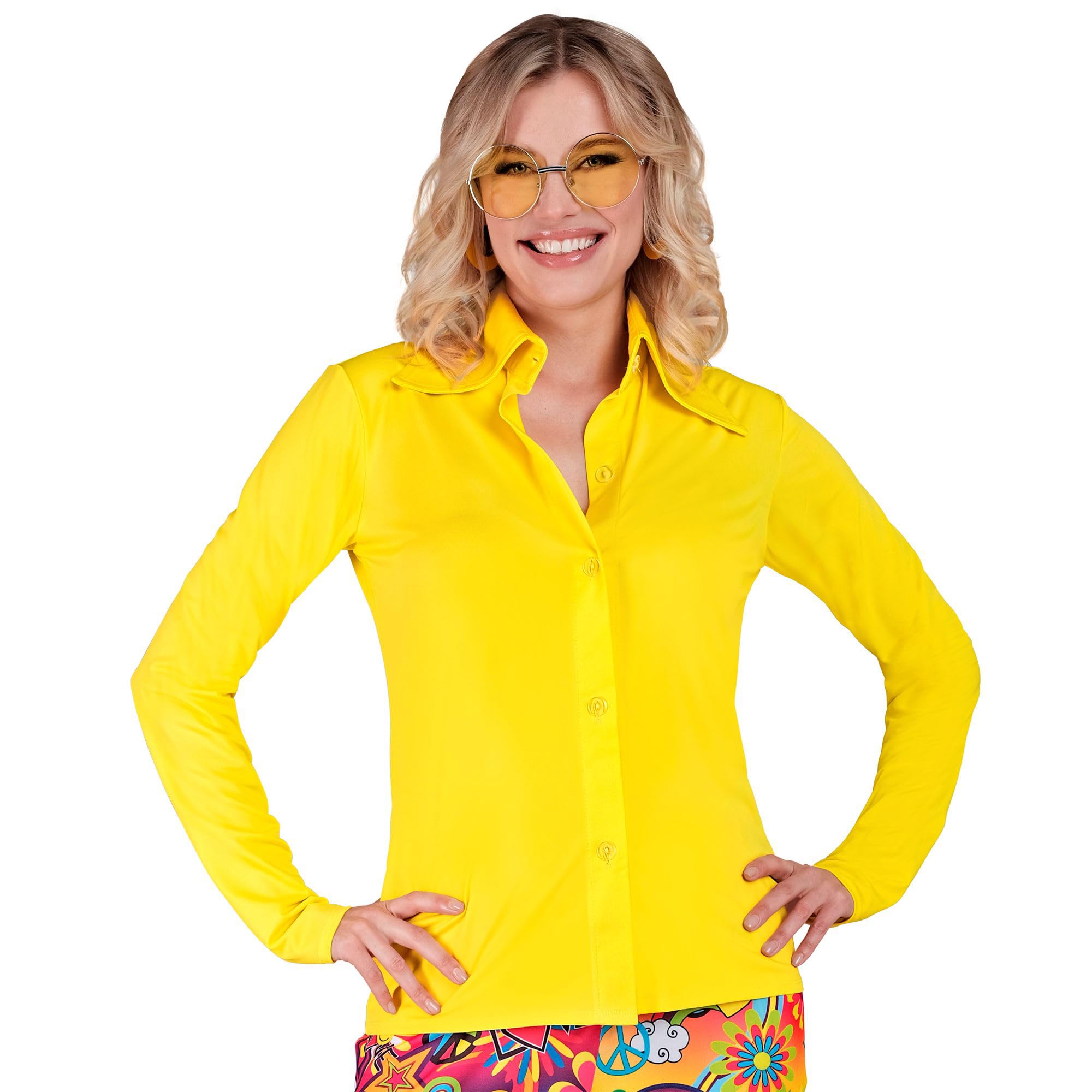 Widmann 21009-70s Style Shirt, Adult Woman, Carnival, Disco, Theme Parties, Size XXL, Yellow Colour