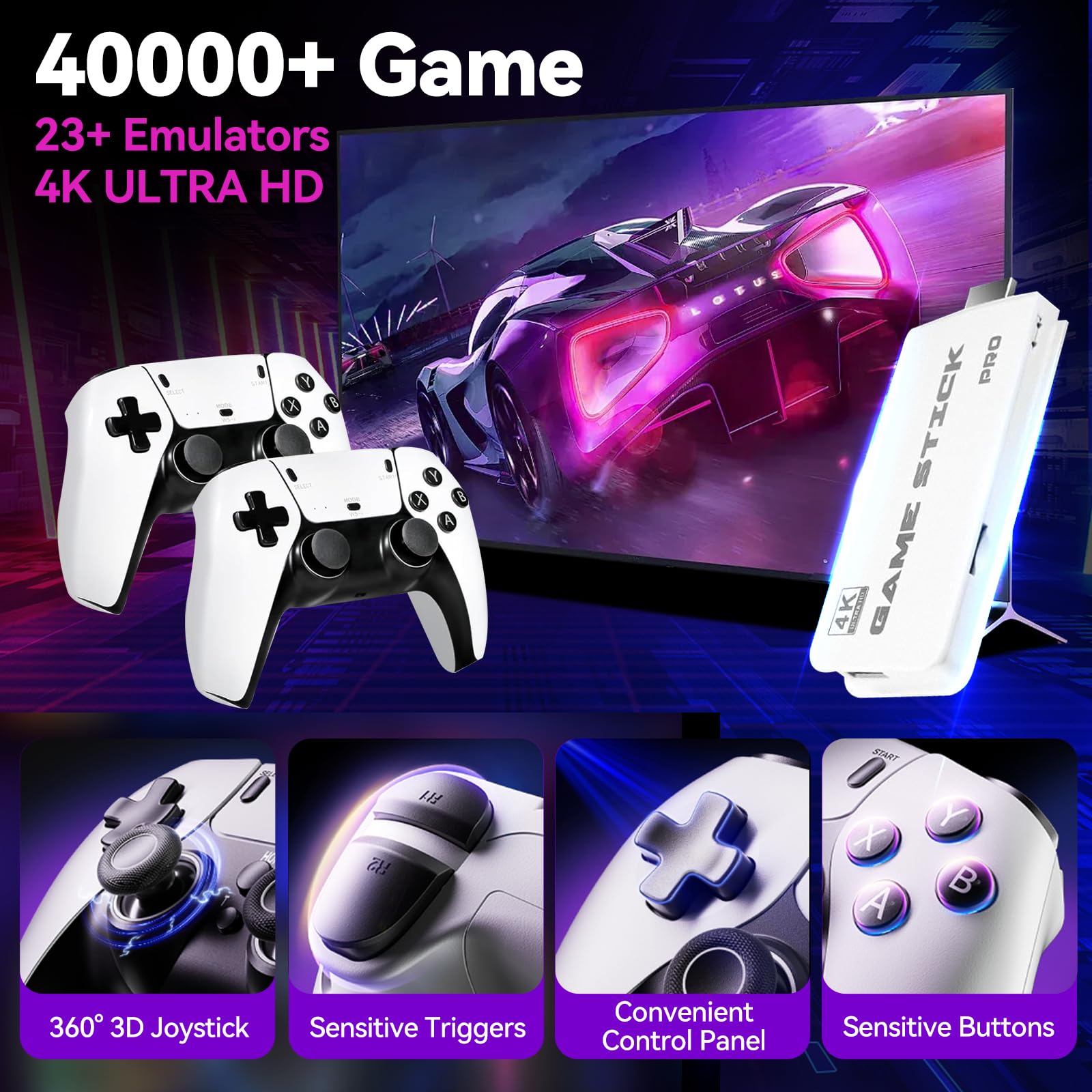 YunLone Console di gioco retrò 2025, console per videogiochi HDMI 4K con oltre 40.000 giochi e 23 emulatori, stick per videogiochi plug and play con controller wireless 2.4G dual upgrade (128G)