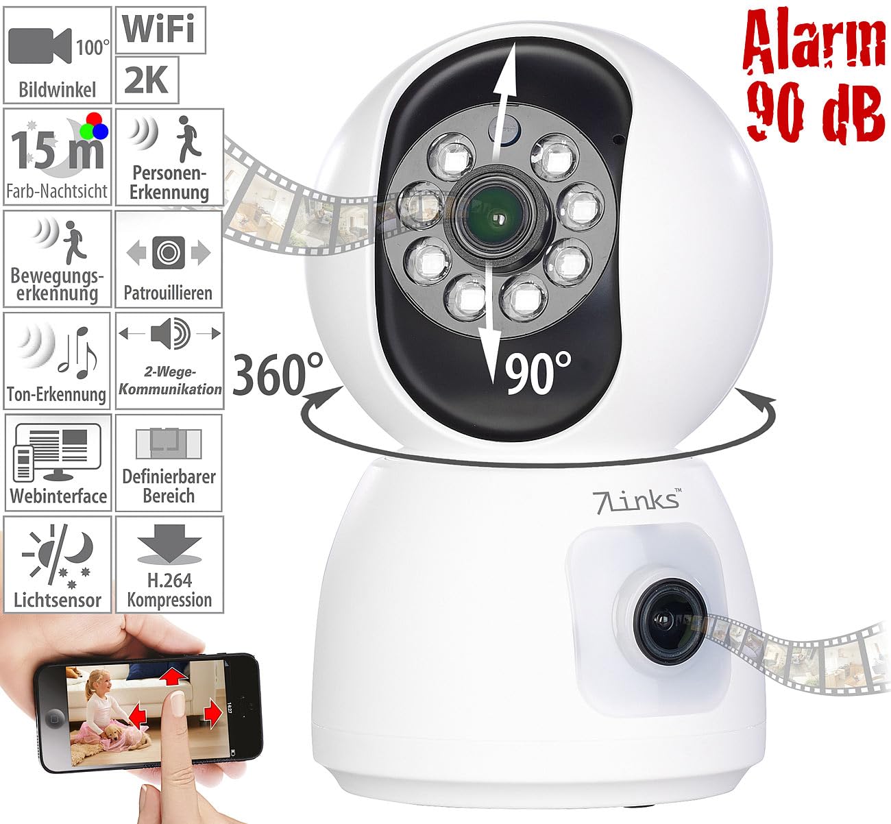 7links Haustierkamera: Dual-Linsen-WLAN-Kamera, je Full HD, Farb-Nachtsicht, Tracking, Sirene (Überwachungskamera WLAN, WiFi Camera, IP)