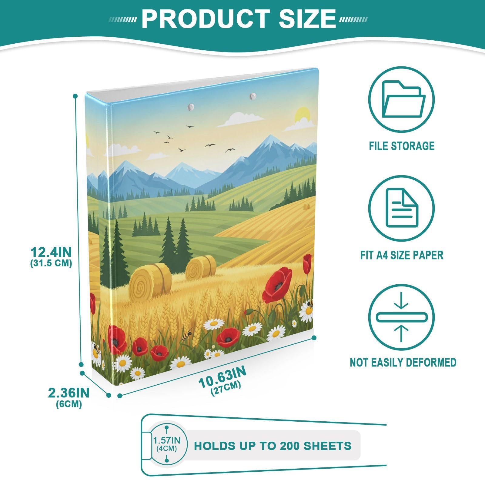 Raccoglitori a 3 anelli, 3,8 cm, motivo campagna estiva, decorativo, con clip in metallo, formato A4, organizer per casa e ufficio, confezione da 2