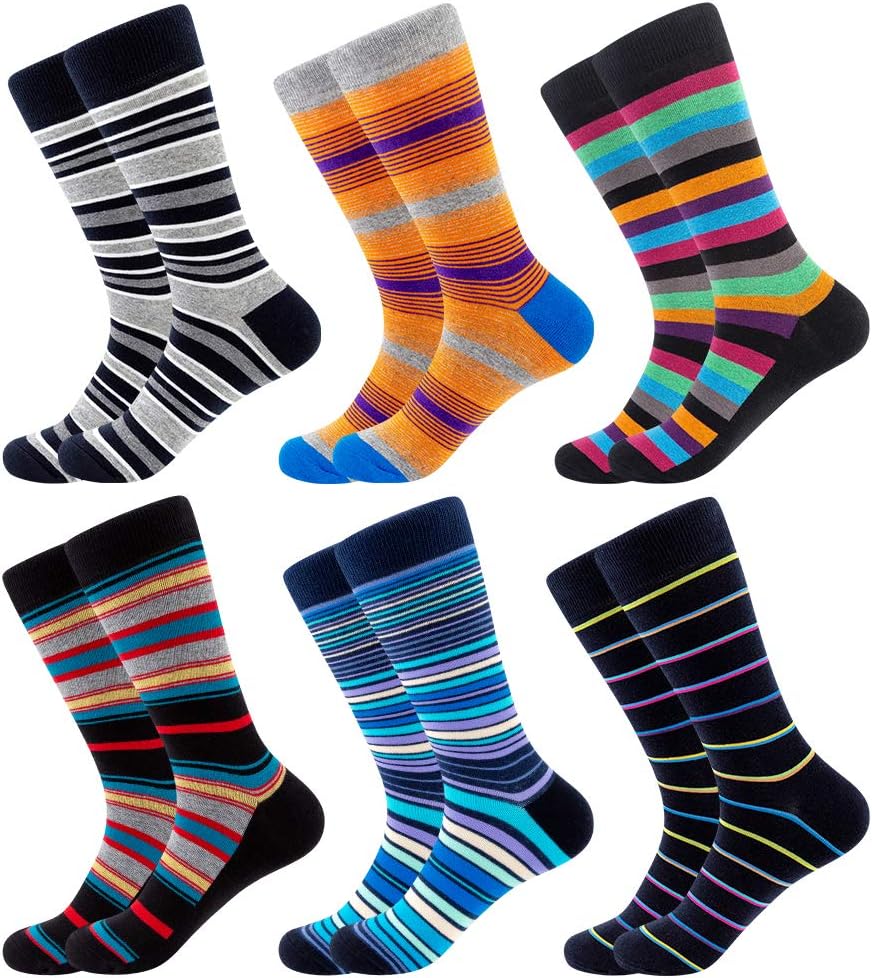 BONANGEL Men's Fun Dress Socks-Colorful Funny Novelty Crew Art Socks (6pairs-Colorful Stripe)