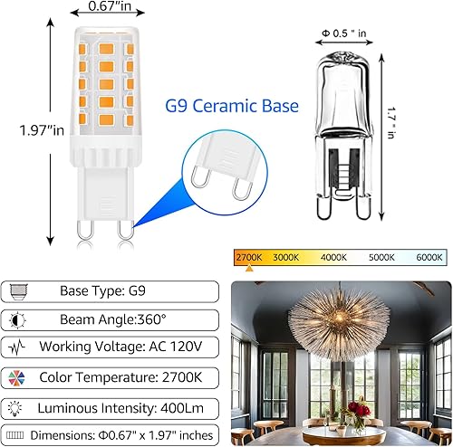 Miniatura 5 de Energetic - Bombilla LED G9 regulable, 40 W T4 G9 equivalente a halógeno, bombilla LED G9 de 400 lúmenes, blanco suave 2700 K, bombillas LED G9 con