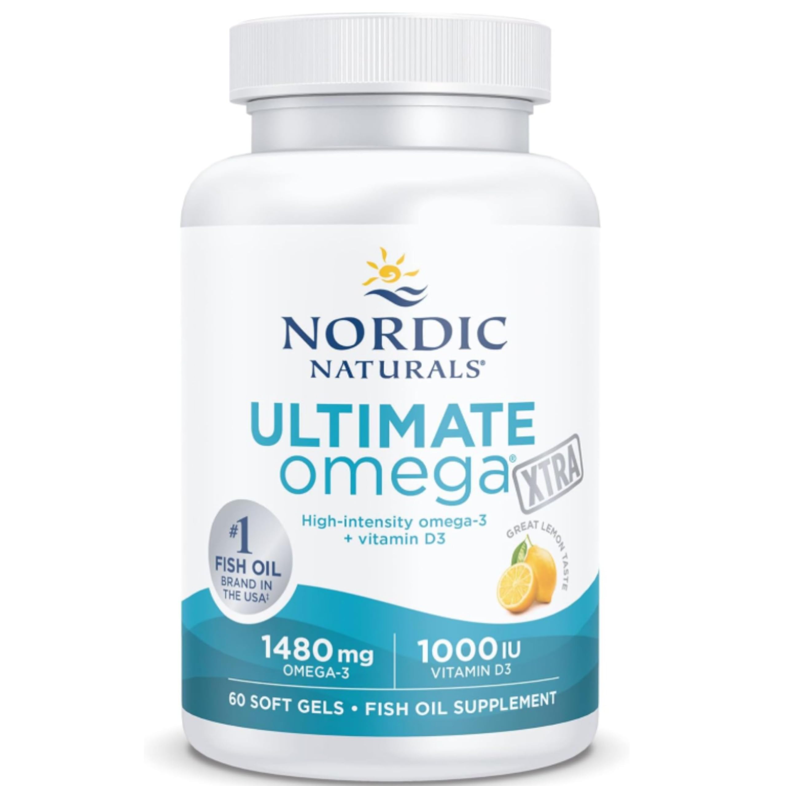 Nordic Naturals Ultimate Omega Xtra, 1480 mg, hochdosierte Omega-3-Fischölkapseln mit EPA, DHA und Vitamin D3, hochdosiert, Zitronengeschmack, 60 Weichkapseln, sojafrei, glutenfrei, ohne Gentechnik