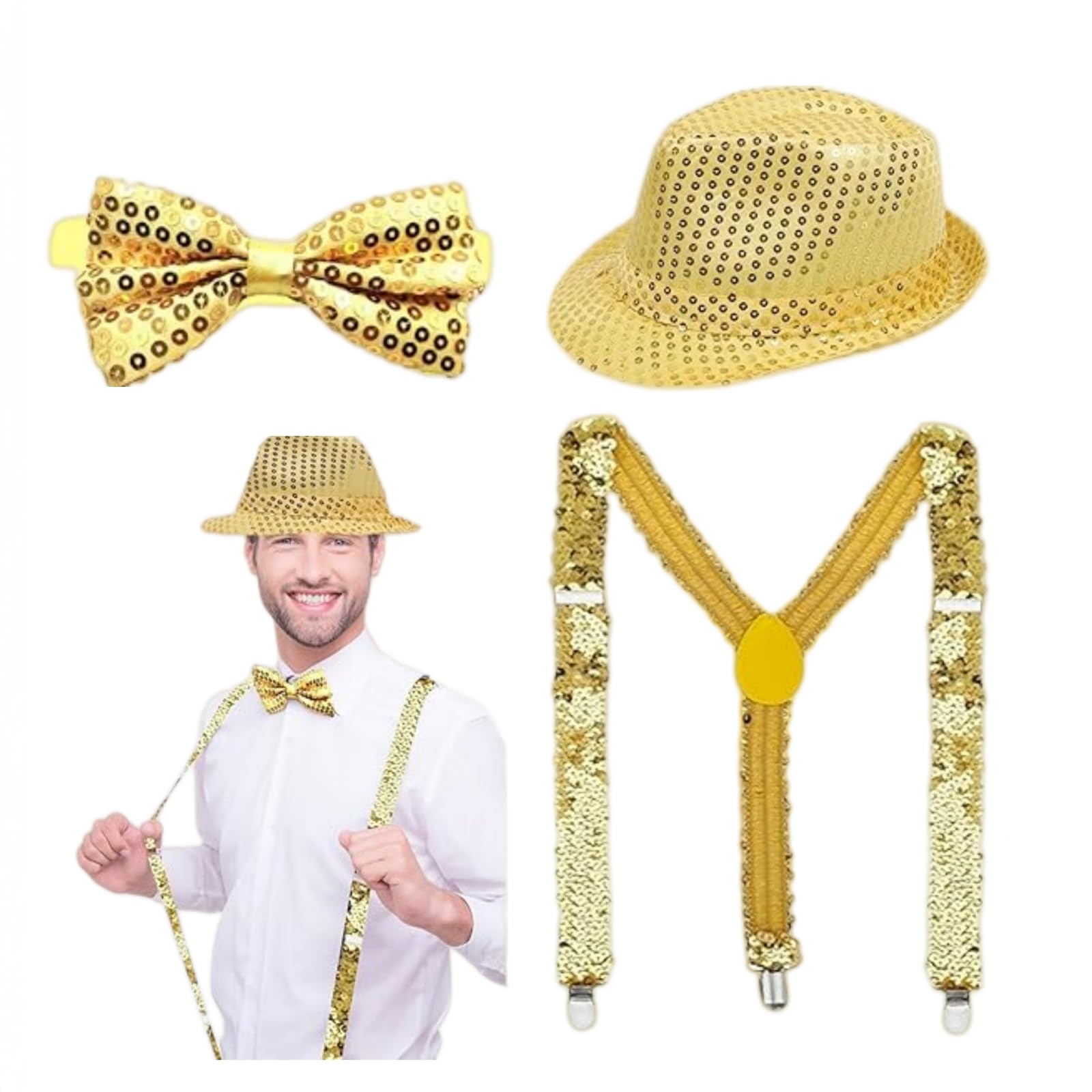 3 Pieces Disco Costume Gold Jazz Sequins Hat (Gold)