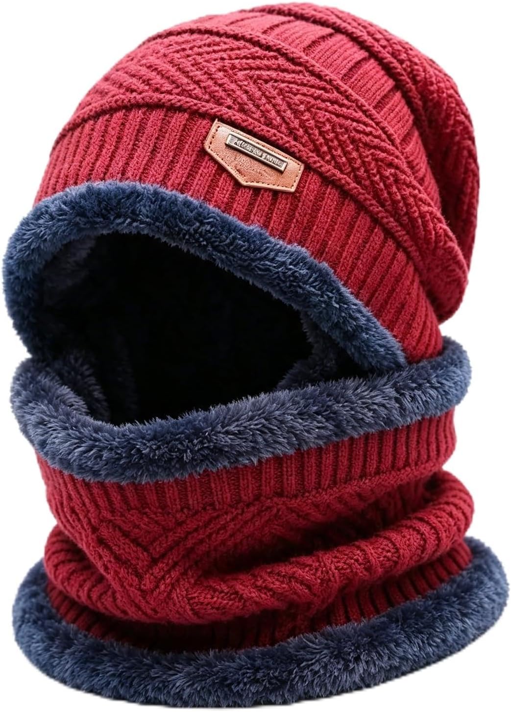 Red Knitted Hat and Scarf Set with Fleece Lining, Winter Warm Hat and Scarf