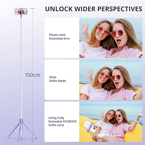 Miniatura 5 de ATUMTEK Trípode selfie stick de 60 pulgadas, trípode extensible todo en uno con control remoto Bluetooth, bolsa de almacenamiento incluida, para