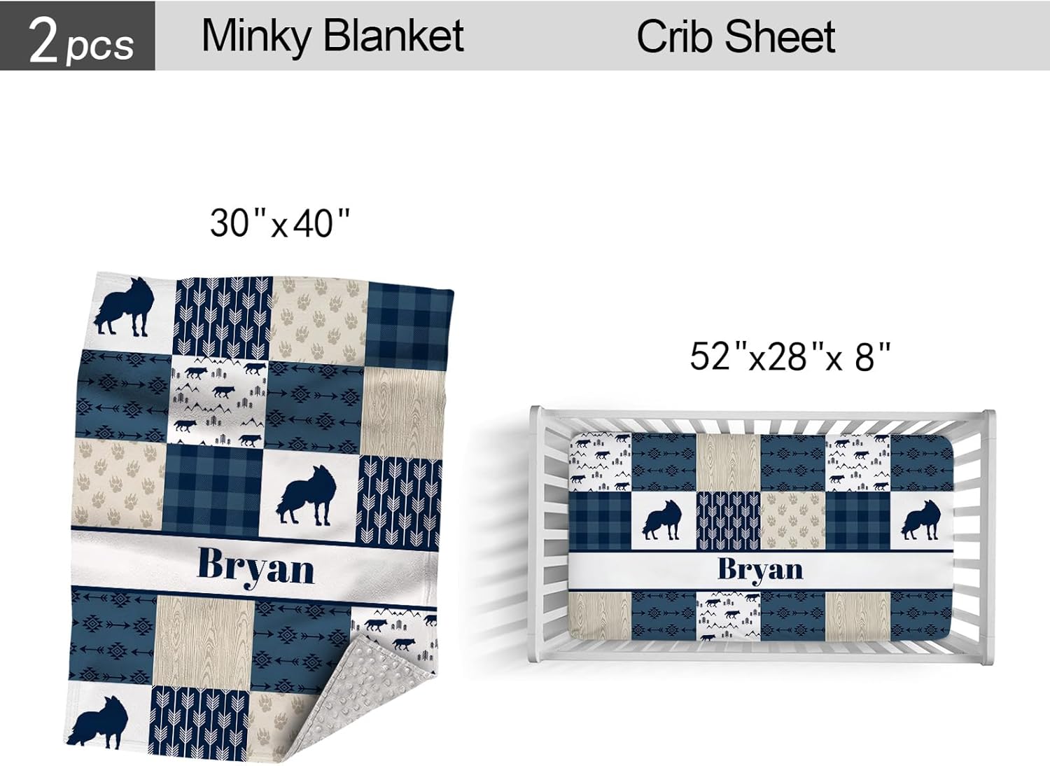 Personalized Baby Boy Crib Bedding Set, Custom Name Comforter, Wolf Blue Nursery Bedding, 2 Piece Set with Fitted Sheets