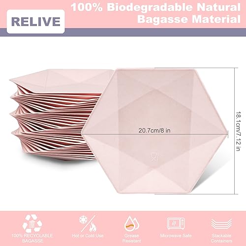 Miniatura 2 de Platos de papel desechables de 8 pulgadas, paquete de 30 platos de ensalada hexagonal rosa, plato de postre biodegradable resistente para bodas,