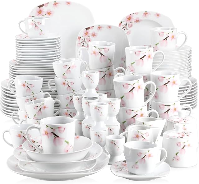 VEWEET 'Annie' 100-Piece Porcelain Dinner Set Including 4 Piece Milk Jug and Sugar Pot Set, Egg Cups, Cup and Saucer Set, Mugs, Dessert Plate, Soup Plate, Bowl, Dinner Plate Set Service for 12