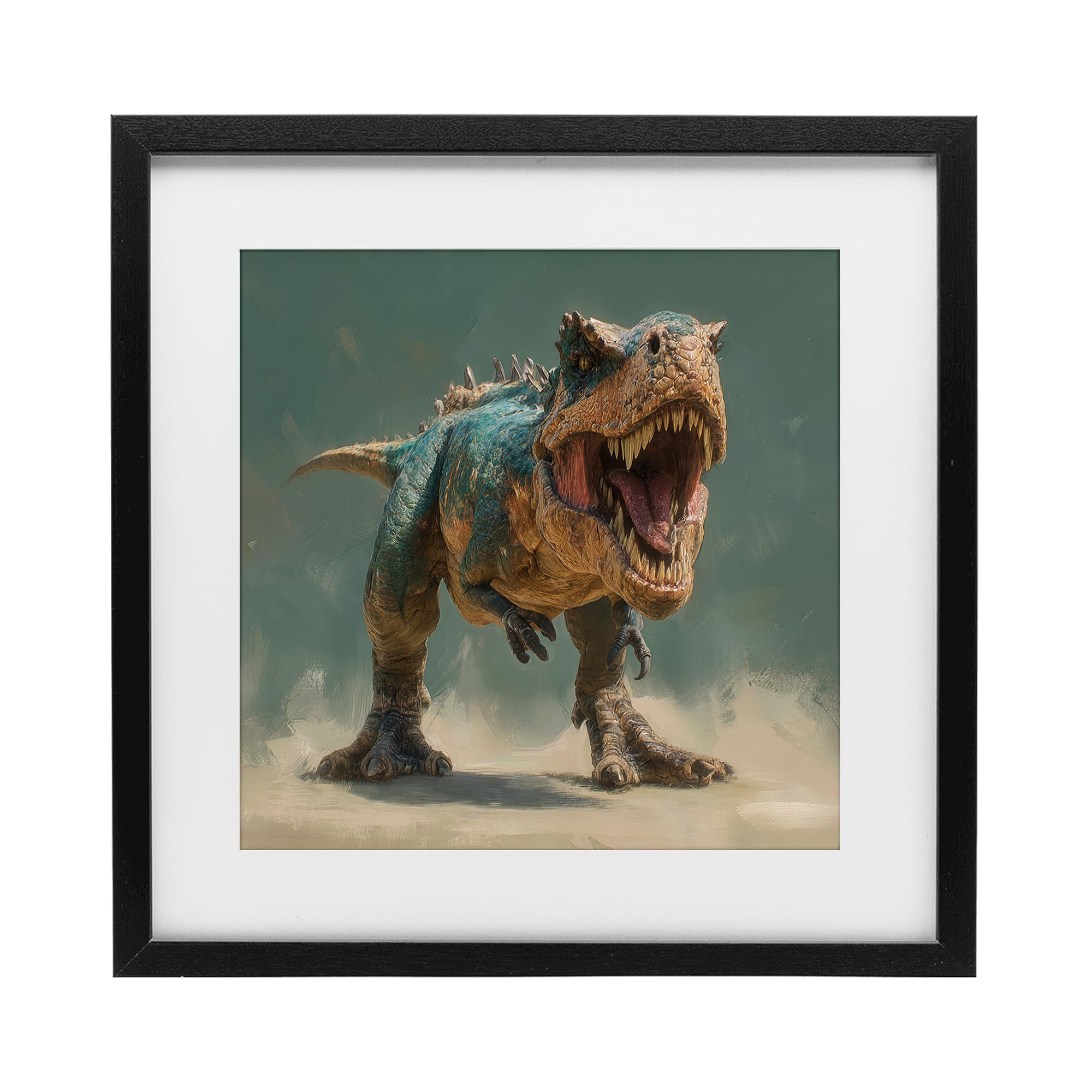 'Roaring T-Rex in Green'| Framed Print Under Glass