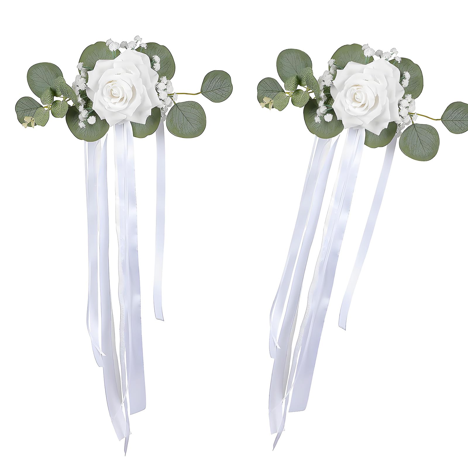 Artificial Rose Chair Decor with White Ribbon Tails, Faux Floral Wedding Accent for Chairs, Vehicles and Aisles Artificial Rose Chair Decor Wedding Flowers Vehicle Floral Accent White Faux Flower