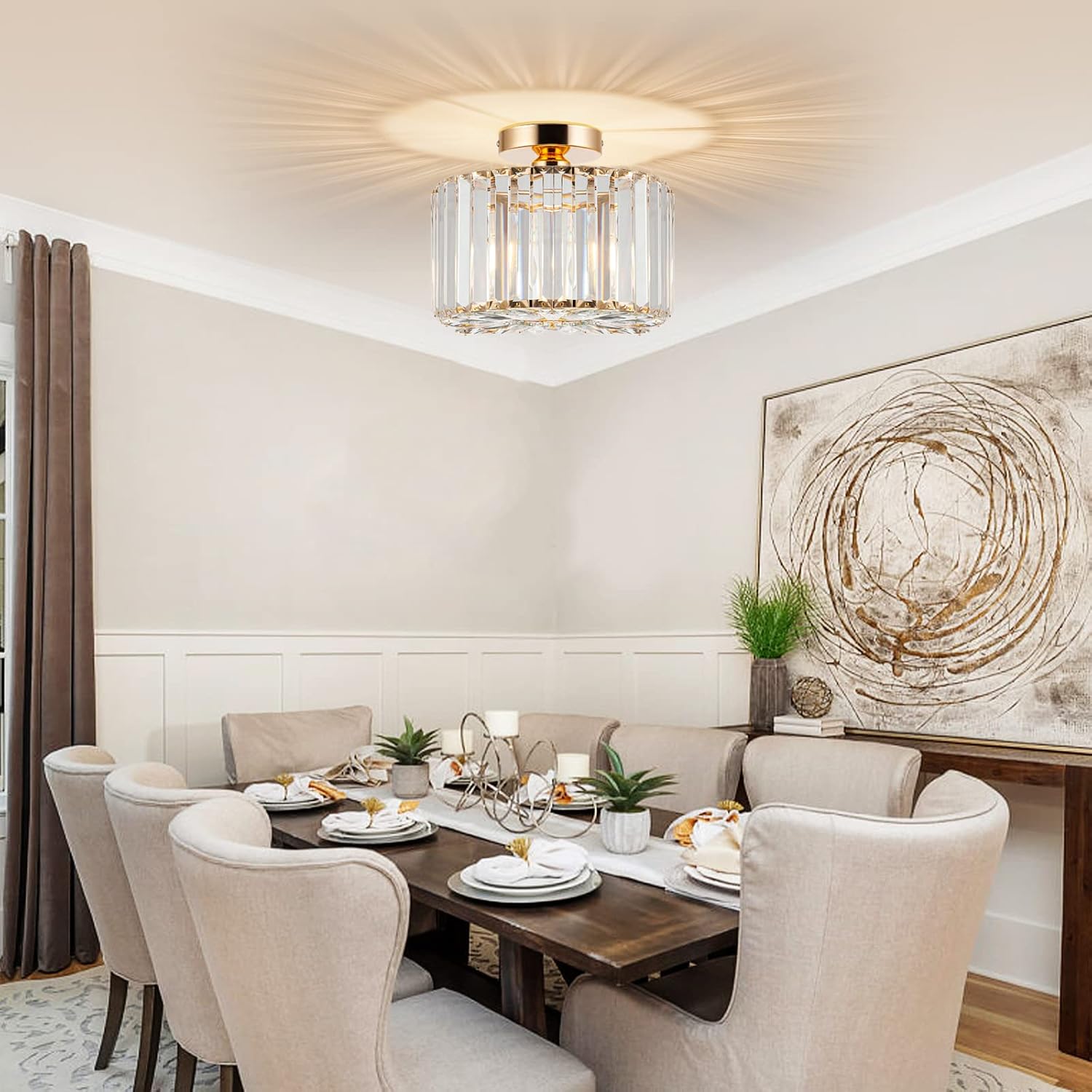 HOPGGIE 10.6 Inch Gold Chandelier Flush Mount Ceiling Light Mini Small Crystal Chandeliers Modern Hallway Light Fixtures Ceiling for Entryway Bedroom Bathroom Kitchen