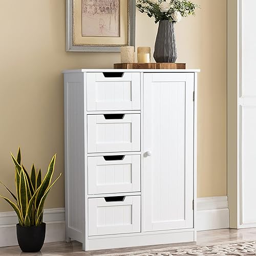 Noskatu Armario de almacenamiento de piso de baño con 4 cajones y 1 estante ajustable, armario de entrada independiente para baño, sala de estar,