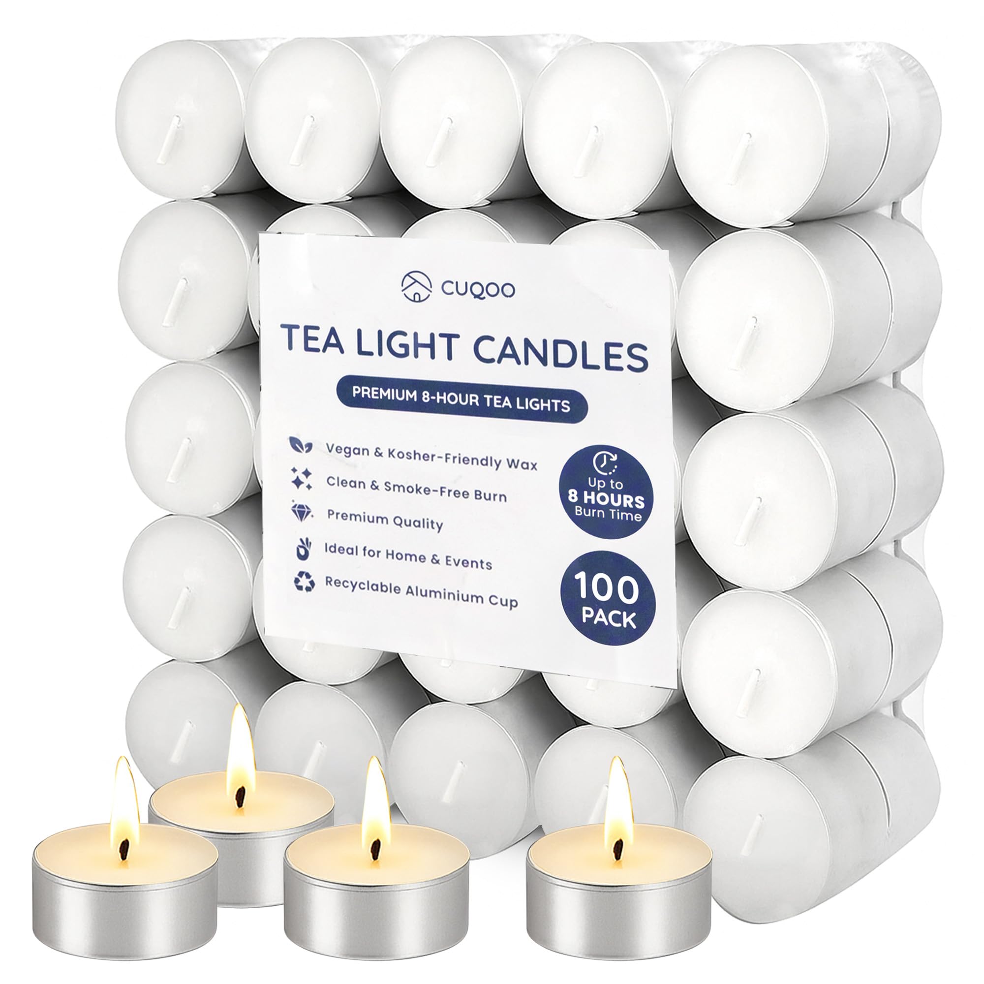 CUQOO Tea Lights 8 Hour Burn 100 Pack Unscented Tealight Candles – 8hr Long Burning Vegan Smokeless Tea Light Small White Candles for Wax Burners, Home, Weddings & Emergency Use