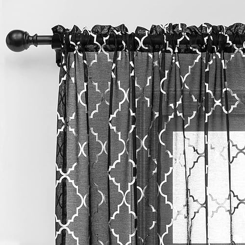 Kotile Black Sheer Curtains 84 Inches Long 2 Panels Metallic Silver Moroccan Oge