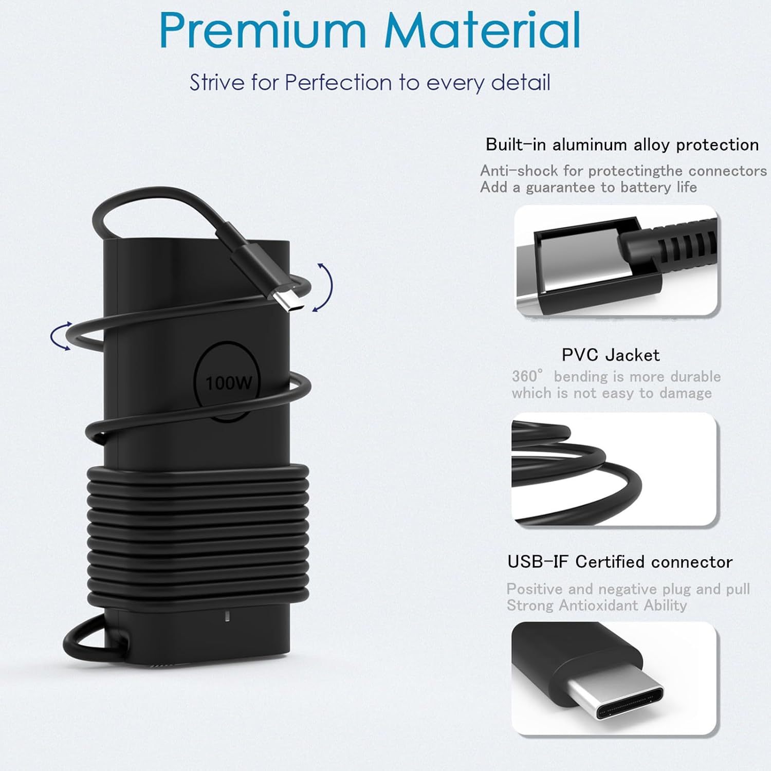 100W USB C PD3.0 Fast AI Laptop Charger Compatible with Dell Pro 14 13 16 Plus 2-in-1 / Dell Pro Rugged 14 13 Premium PA14250 PB16250 PA13250 Business Notebook AI PC Computer Power Adapter