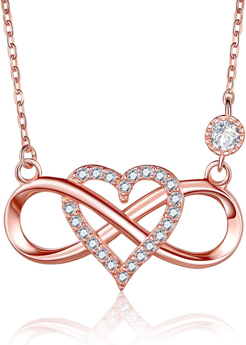 Necklaces for Women White/Rose Gold Plated 925 Sterling Silver Womens Necklace Cubic Zirconia Infinity Heart Pendant Necklace Birthday Gifts for Wife Mom