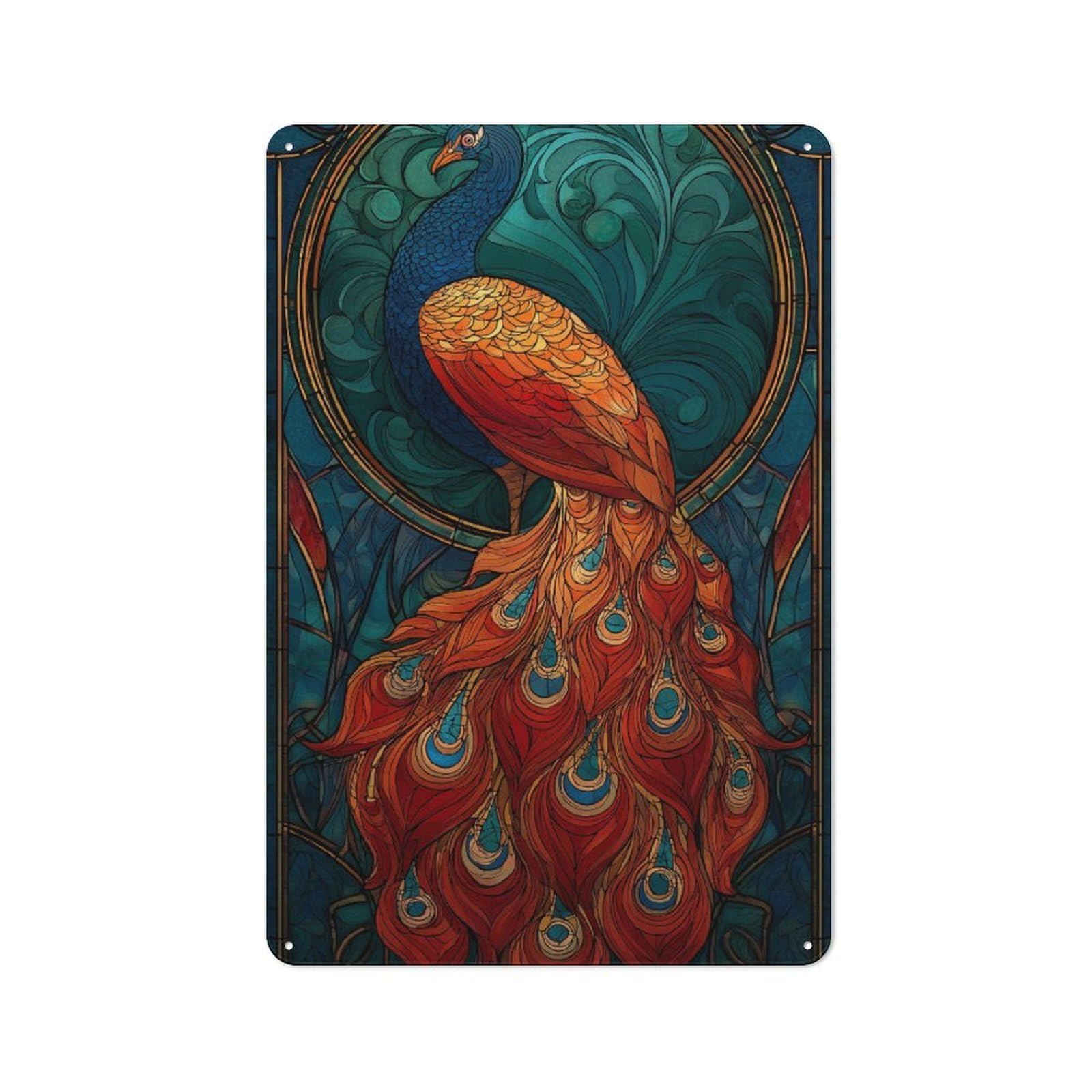 Stained Glass Peacock Tin Sign 30x20cm for Workshop Wall, Vintage Wall Decor, for Metal Sign Collectors, for Garage And Workshop Walls