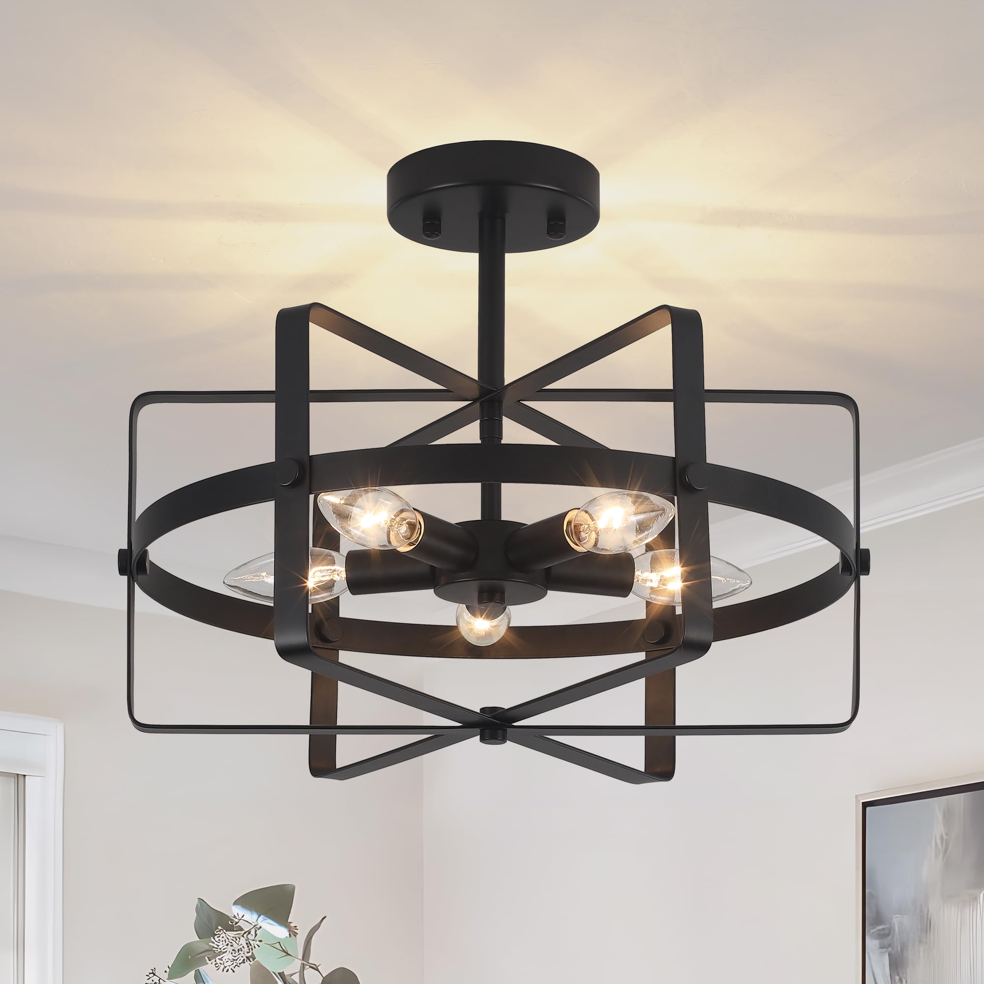 QMNHAU 5-Light Modern Semi Flush Mount Ceiling Light, 12.6'' Black Farmhouse Flush Mount Ceiling Light Industrial Ceiling Light Fixture for Entryway