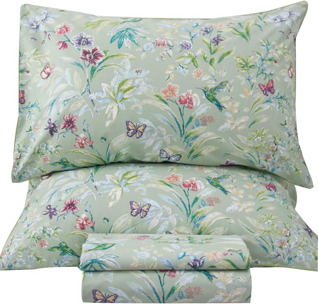 QSH 100% Egyptian Cotton Sheets Twin Size, Green Flower Bird Butterfly Pattern Botanical Luxury Printed Bedding Flower Twin Bed Sheets for Girl Kid Extra Soft 4pcs Deep Pocket Floral Bed Sheet — image 1