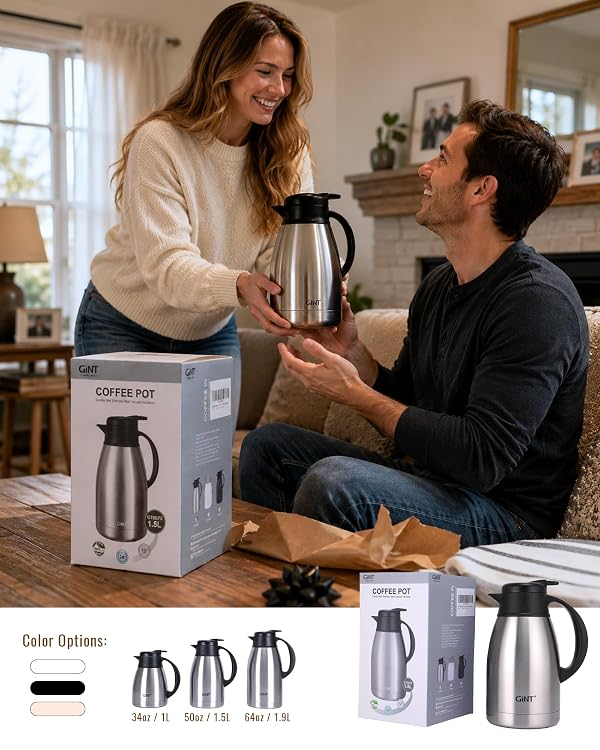 GiNT Thermal Coffee Carafe 51 Oz, Stainless Steel Insulated Beverage Server with Easy-Clean Detachable Lid, Leak-Proof One-Hand Pour Large Dispenser for Hot Drinks and Coffee Pot for Home Office by GiNT - Used condition - Image 9