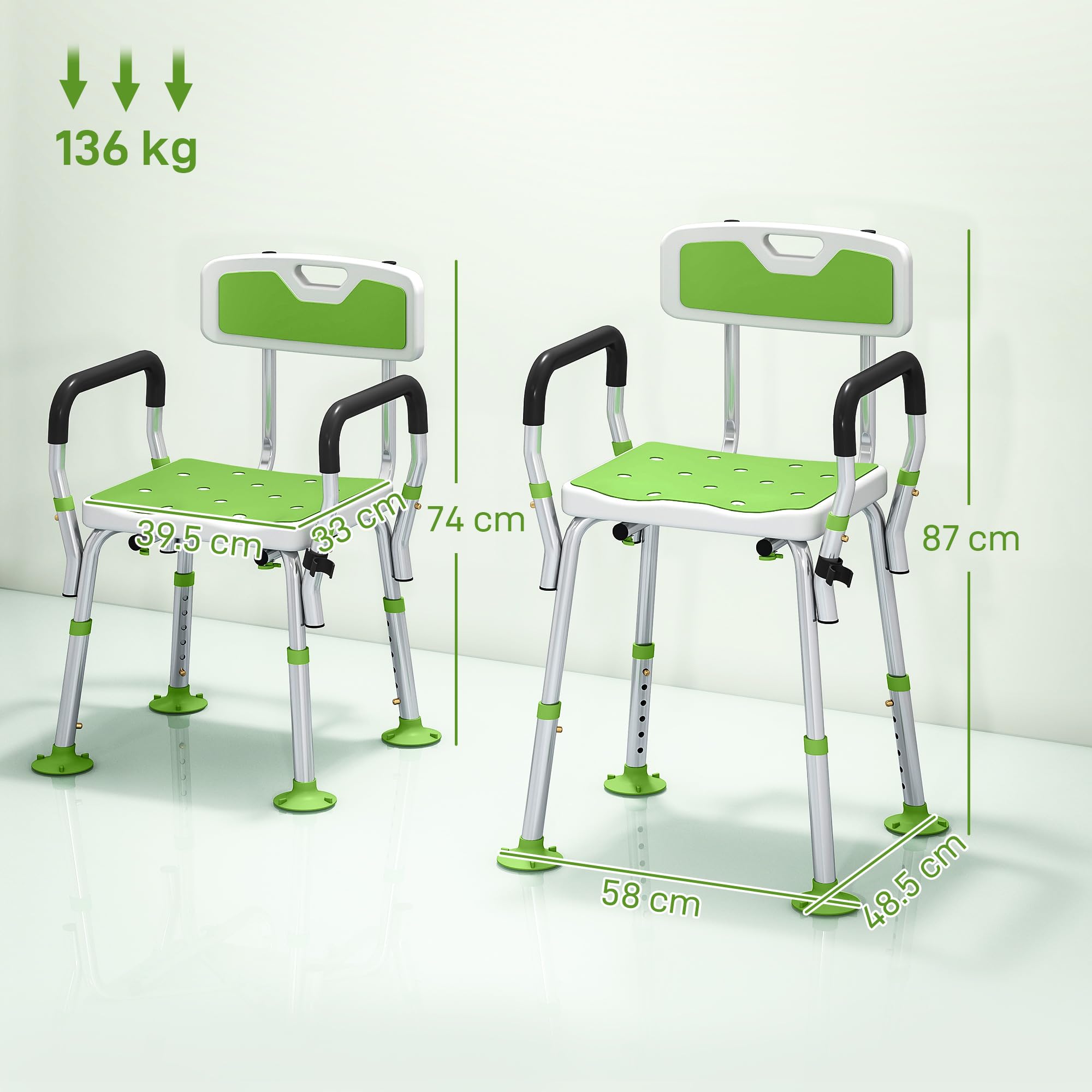 HOMCOM Silla ducha acolchada EVA para ancianos y discapacitados verde | Taburete de ducha ajustable en altura con respaldo y brazos, 4 patas de ventosa