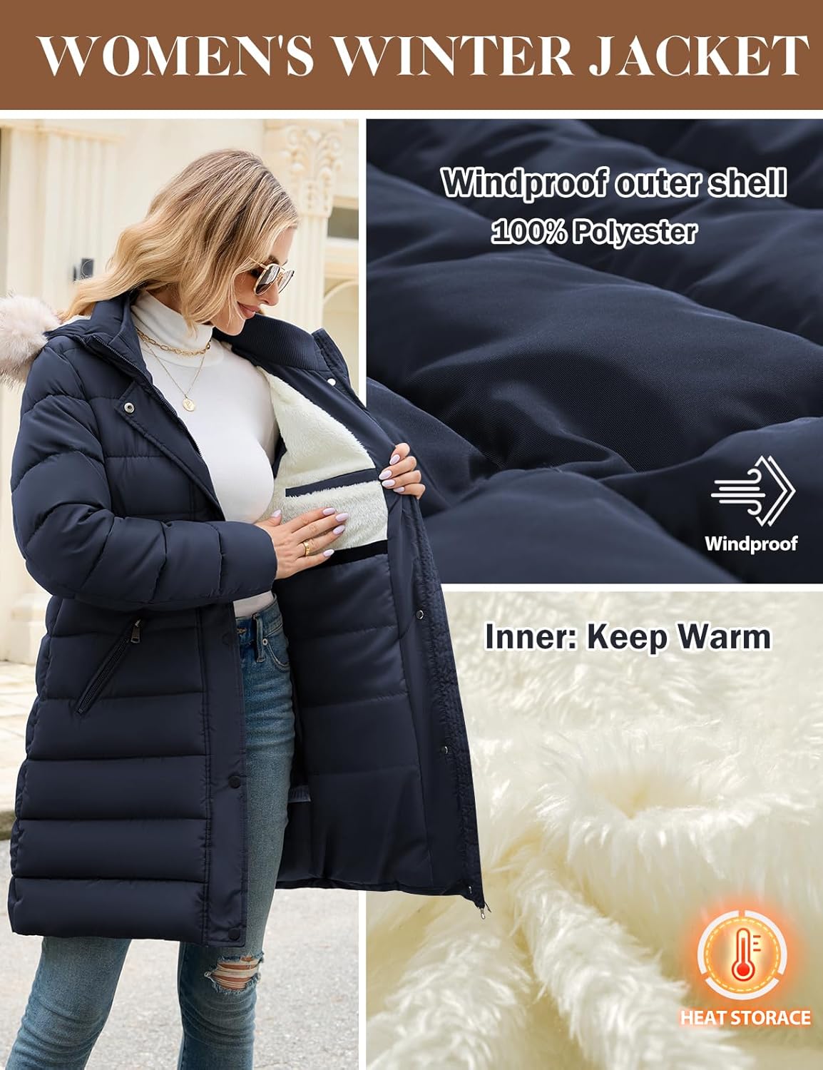 Women's Winter Thicken Fleece Lined Puffer Coat Mid-Length Down Jacket with Removable Faux Fur Hood, Warm Snow Parka - Image 6