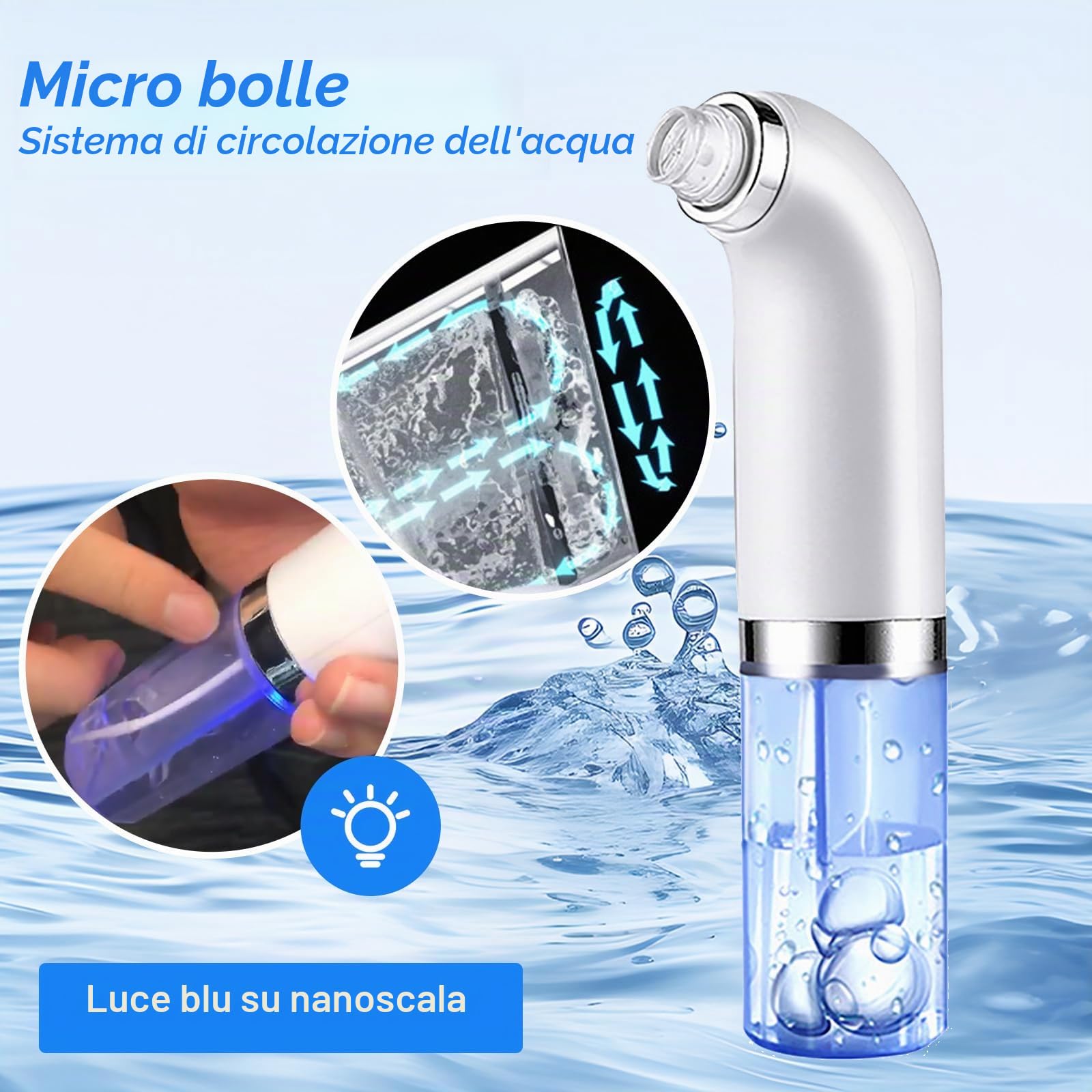 NCONCO Dispositivo di rimozione dei punti neri, idrodermoabrasione, aspirazione del viso, pulitore per pori con 6 testine di aspirazione a 3 marce, ciclo dell'acqua ricaricabile USB, aiuto per