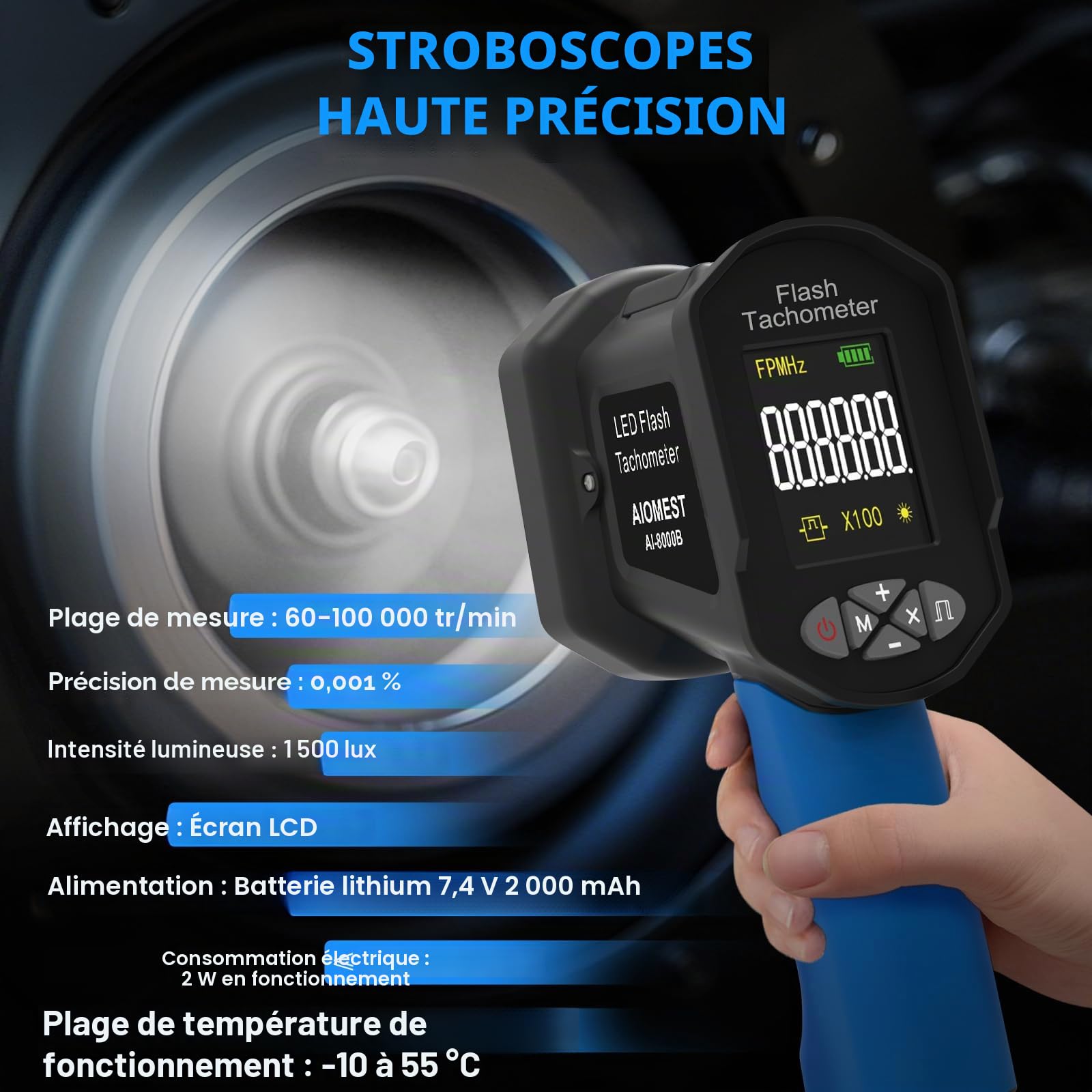 Stroboscope LED Numérique AIOMEST-Tachymètre Stroboscopique Professionnel 100 000 RPM Hz Haute Précision 0,001% - Sans Contact Strobe Tachometer avec Flash Réglable pour Régime Moteur, Ventilateur